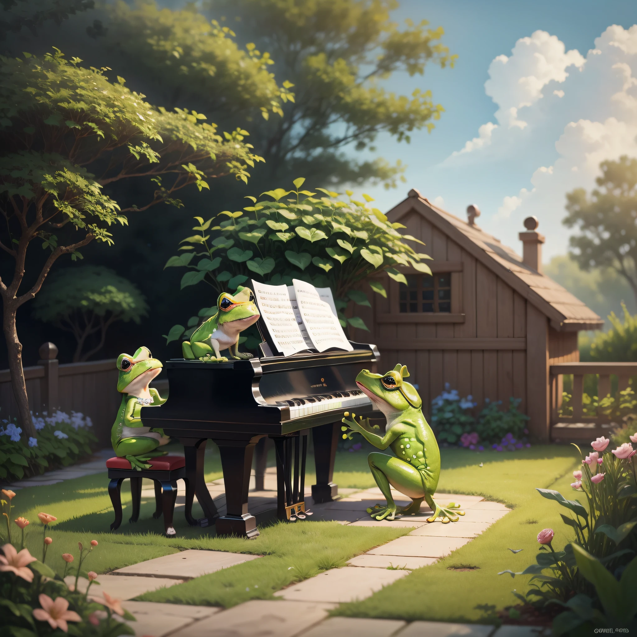 frog singing and puppy playing piano, in the garden --auto --s2