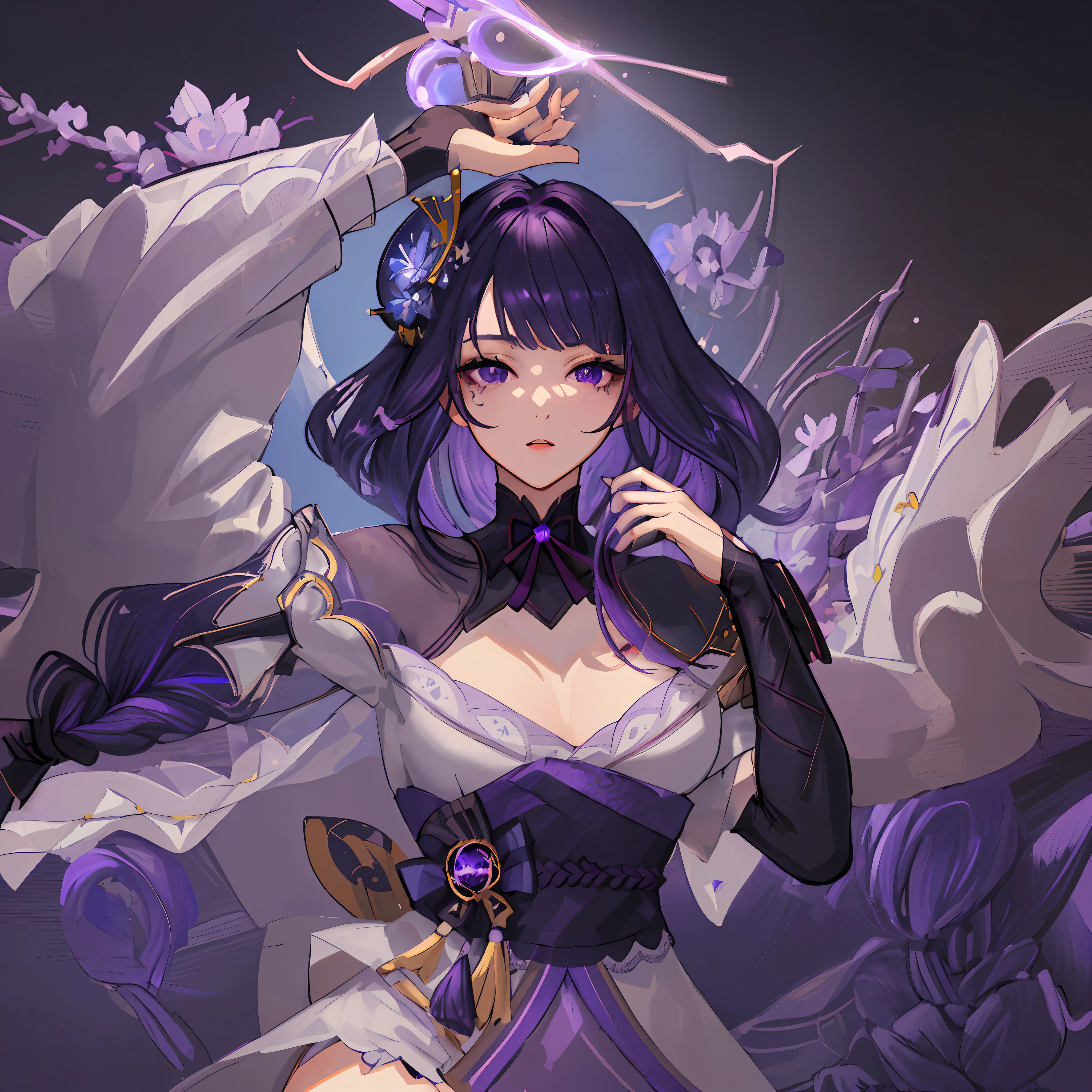 ((masterpiece)), ((high detail)), 1girl, ((ultra-detailed)),((delicate face)), Beautiful detailed eyes, gradient hair,hairs between eyes, GSHead,1girl ,solo,dark purple hair,purple eyes,genshin_impact, black_background,look at the viewer