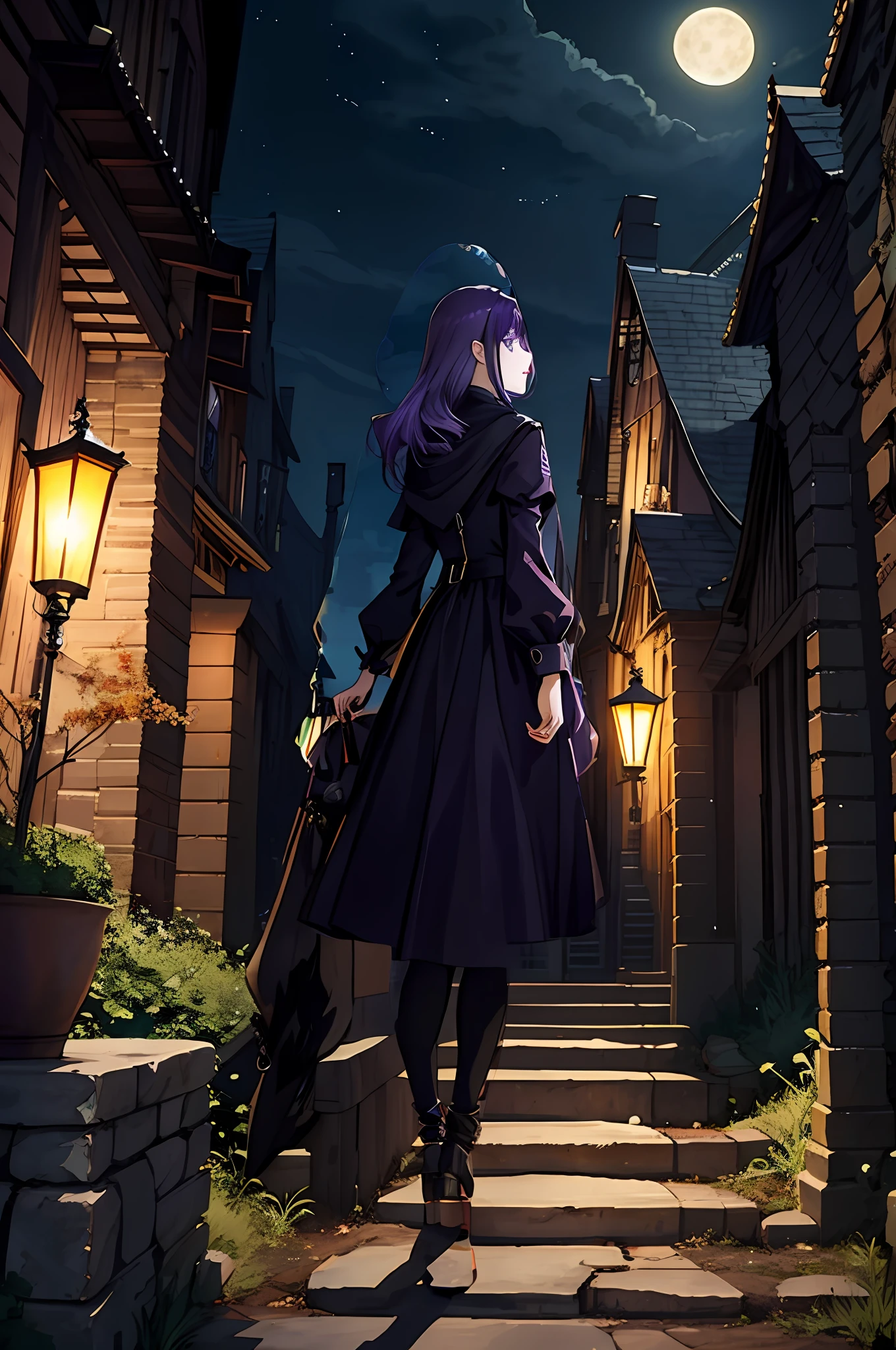 1girl, witch, purple hair, yellow eyes, night, castle background, clear moon, looking right, positions