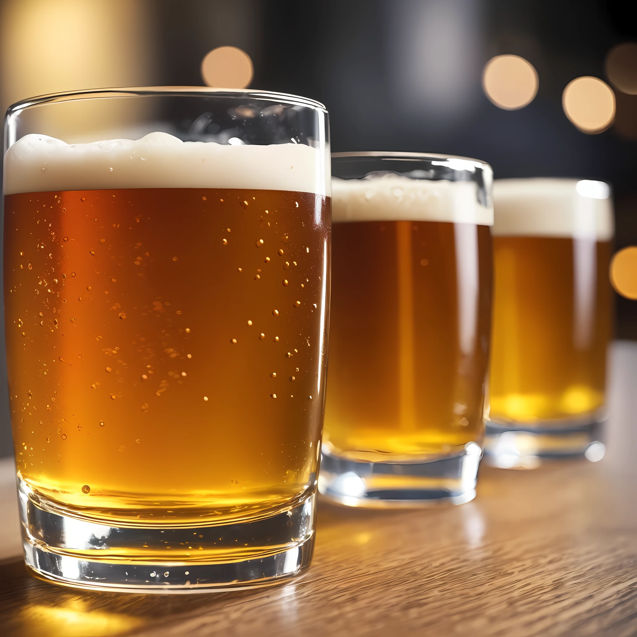 beer glasses in a table sitting at a bar, in the style of samyang af 14mm f/2.8 rf, uhd image, youthful energy, two dimensional, light yellow and dark silver, distinctive textures, y2k aesthetic --ar 15:19 --v 5 --auto --s2