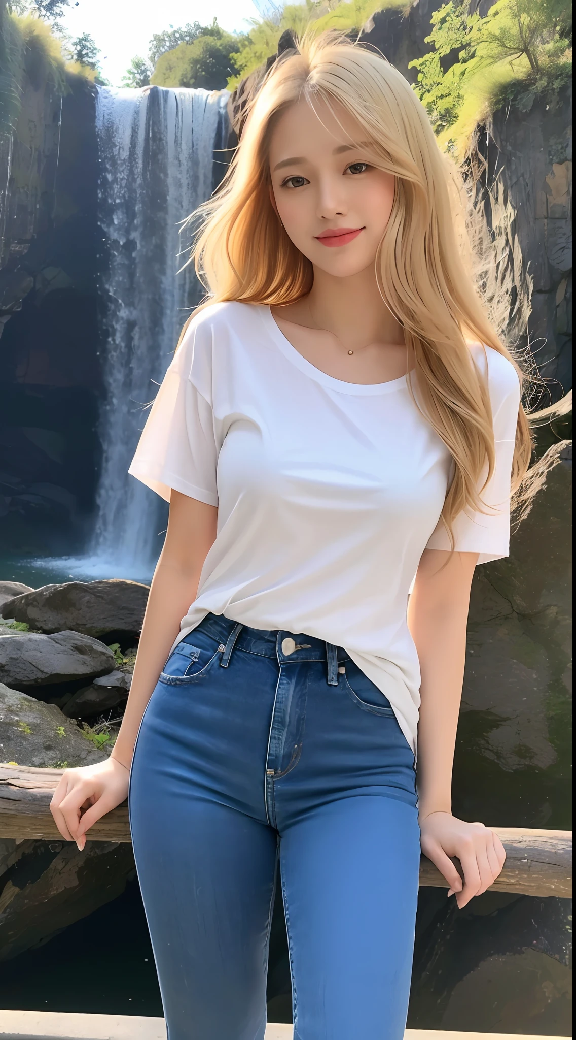 Girl around 20 years old, simple, extremely beautiful and delicate, (light makeup), (yellow hair), sweet smile, delicate and beautiful fair skin, realistic and realistic, delicate and complete facial features, detailed facial portrayal, high nose bridge, red lips, beautiful gentle beautiful girl, flowing smooth hair, extremely delicate hair, soft temperament, face light, surreal, realistic, 8K picture quality, extreme details, realistic details, master works, realistic extreme, body, absolutely beautiful, pure desire, stunning beauty, peerless beauty, Highest image quality, 8k resolution, goddess, smile, fine facial features, hair over the shoulder, brown hair, long thick legs, ((((white t-shirt))), (((blue jeans))), sunshine, facing the camera, well-proportioned and firm figure, gentle eyes, exposed thighs, standing posture, standing next to the waterfall, full body photo