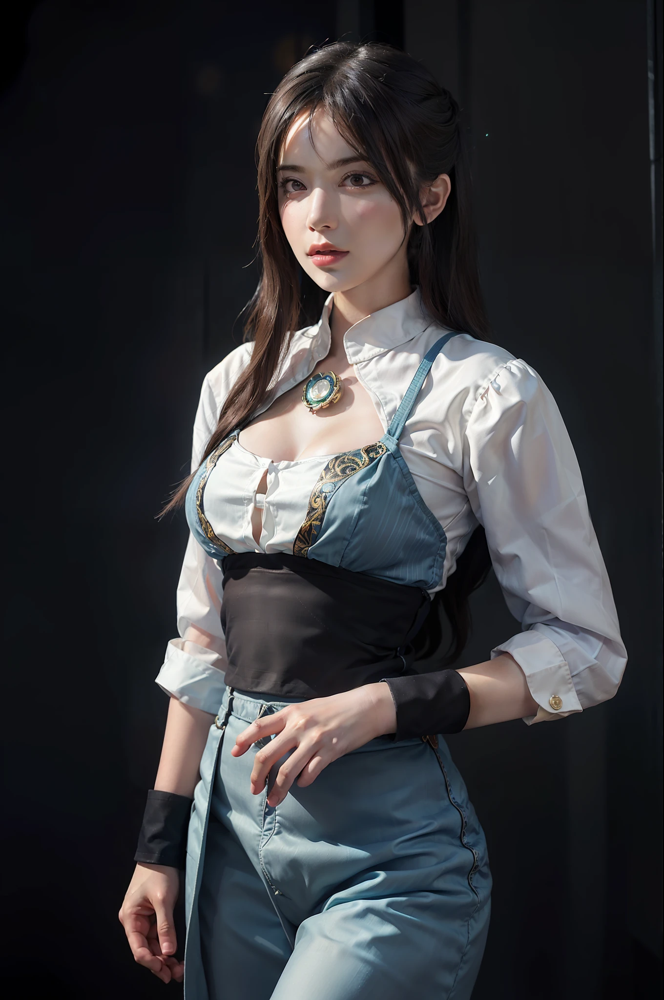 Hyperrealist portrait of female by david hockney and alphonse mucha,fantasy art, photo realistic, dynamic lighting, artstation, poster, volumetric lighting, very detailed faces, 4 k, award winning,, 1girl, in the dark, deep shadow, low key,cowboy shot,(official clothing:1.4) ,long hair,white hair,