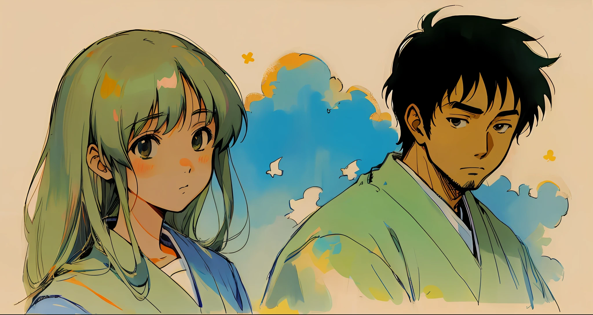 Miyazaki Hayao painting style A man and a female high school student look at each other face to face with a clean background