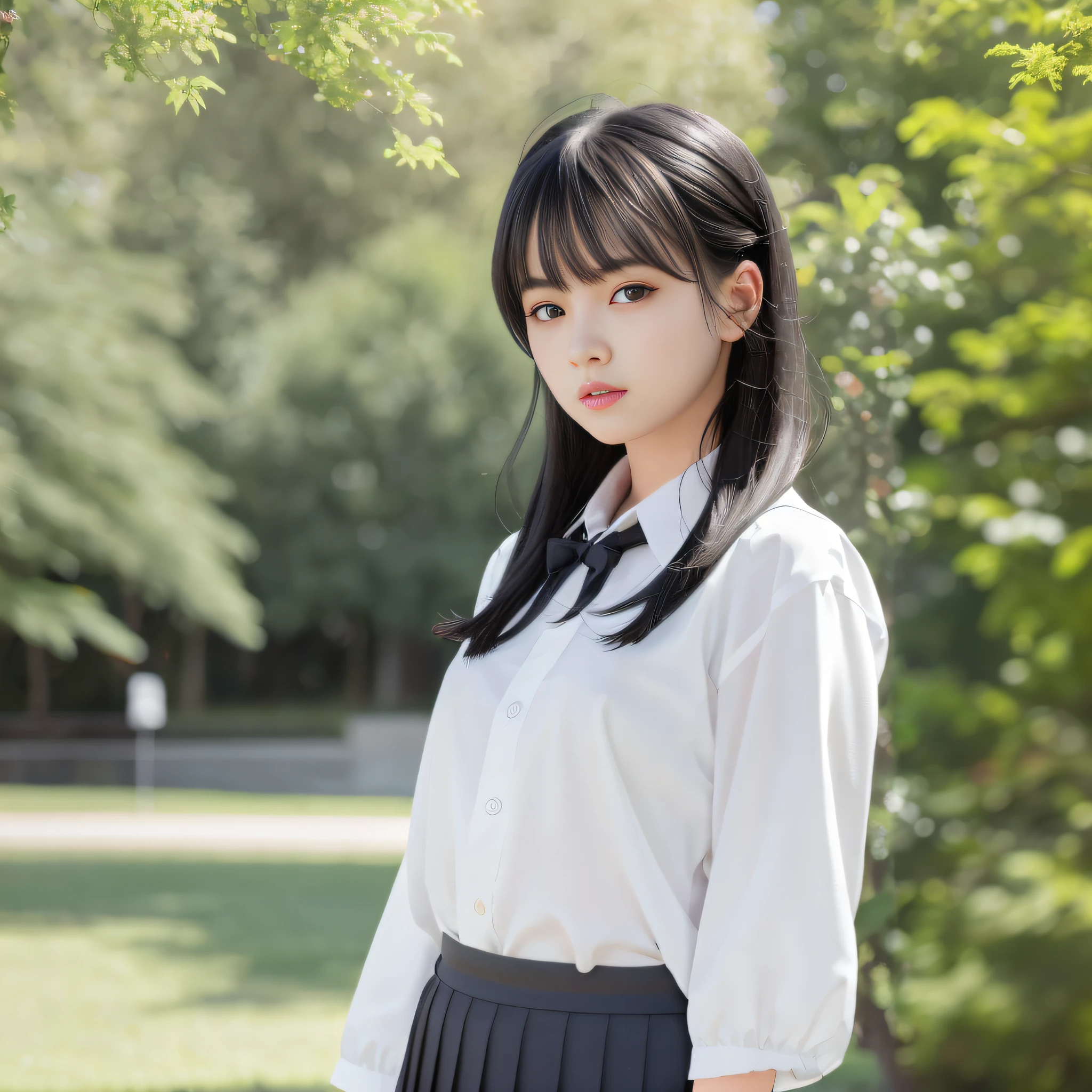 there is a woman in a white shirt and black skirt, taken with canon eos 5 d mark iv, taken with canon 5d mk4, wearing japanese school uniform, portrait of female korean idol, shot with canon eoa 6 d mark ii, anime girl in real life, korean girl, japanese girl school uniform, japanese school uniform, girl wearing uniform