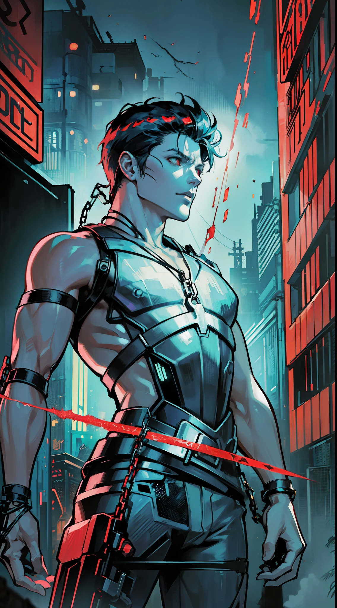 Dark_Fantasy,Cyberpunk,(chain saw,chain saw man,Red:1.1),1man,Mechanical marvel,Robotic presence,Cybernetic guardian, wearing a worn-out mech suit, intricate, (steel metal [rusty]), elegant, clear focus, shot by greg rutkowski, soft lighting, vibrant colors, masterpiece, ((street)), cowboy shot, dynamic pose,