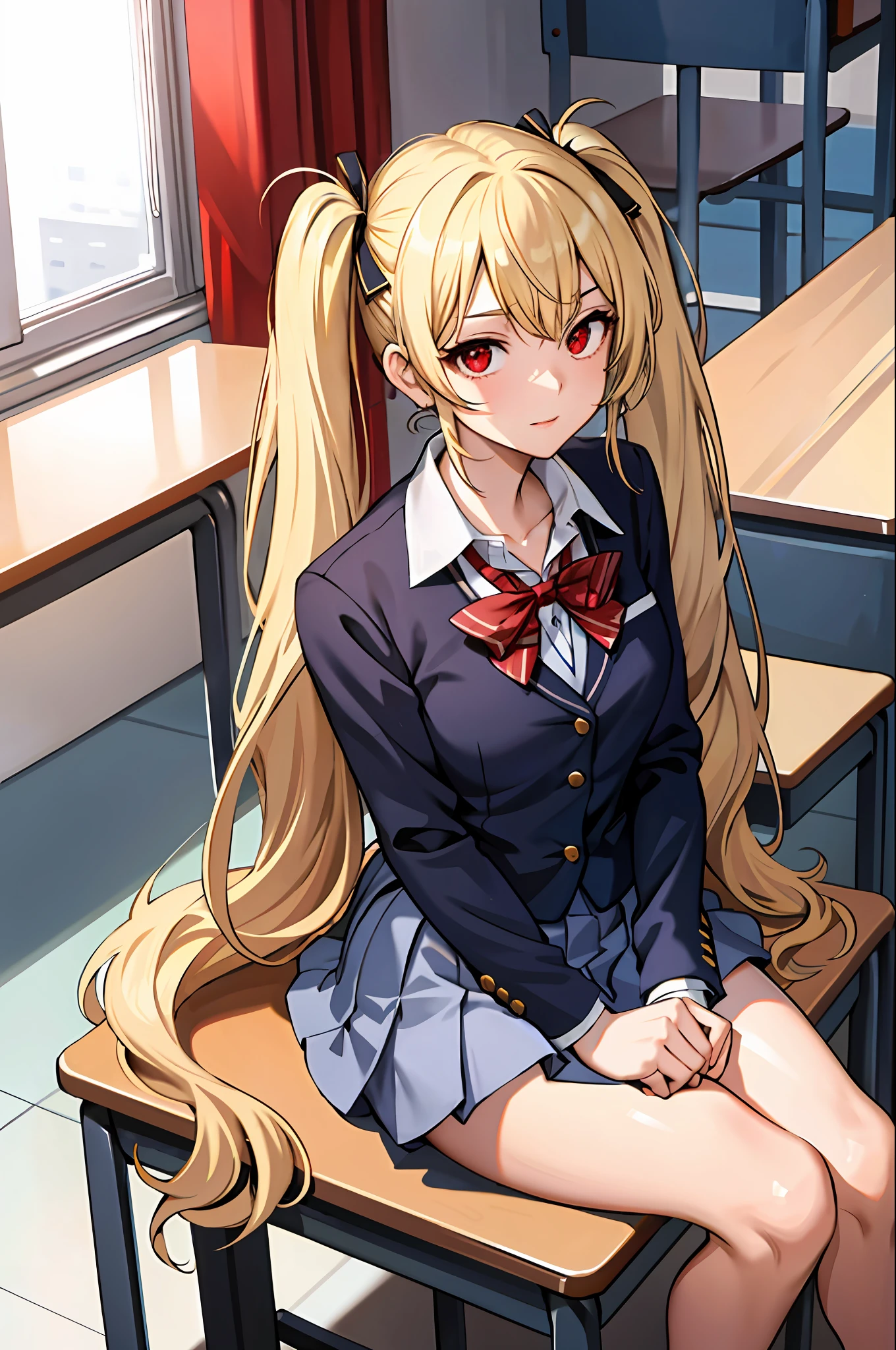 (masterpiece:1.2, best quality), 1lady, solo, school uniform, classroom, day, sit, blonde, twintails, red eyes, open collabone, gyaru, open chest