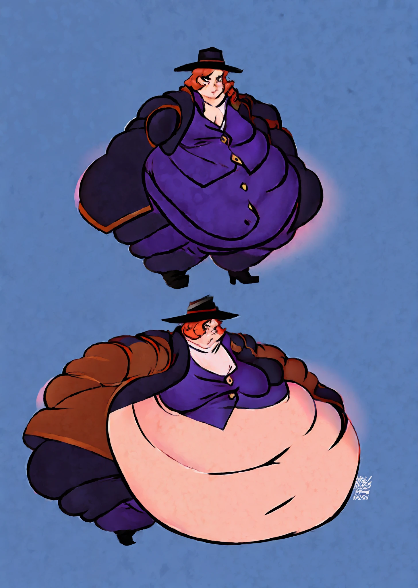 Anime styled picture of a fat young man on backgroun((Yokohama)) proportionally enormous arms, thicc, most strongest pose, enormous hands, fat bacchanalian body, he has a jiggly fat round belly, big arms, obese ), fat!!, pose(hands on hips ), expression(Grumpy, frowning, sassy), looking towards viewer,(anime),male,(Handsome), (orange medium length hair!!),Round fat Face, multiple chins , Fat Cheeks, Clothes((Grey vest,white shirt, black jacket oves the shoulder, Black fedora)), ((Massive Fat Belly Down to calves)), (massive Fat thighs, insanely Wide hips ,massive butt)), super Fat ,((high quality, Masterpiece++)), , Massive proportions, ((Clothes Tearing )), Legs Spread out, Fat Calves, Massive Cracks in the ground, (((Detailed face and eyes:1.4)))