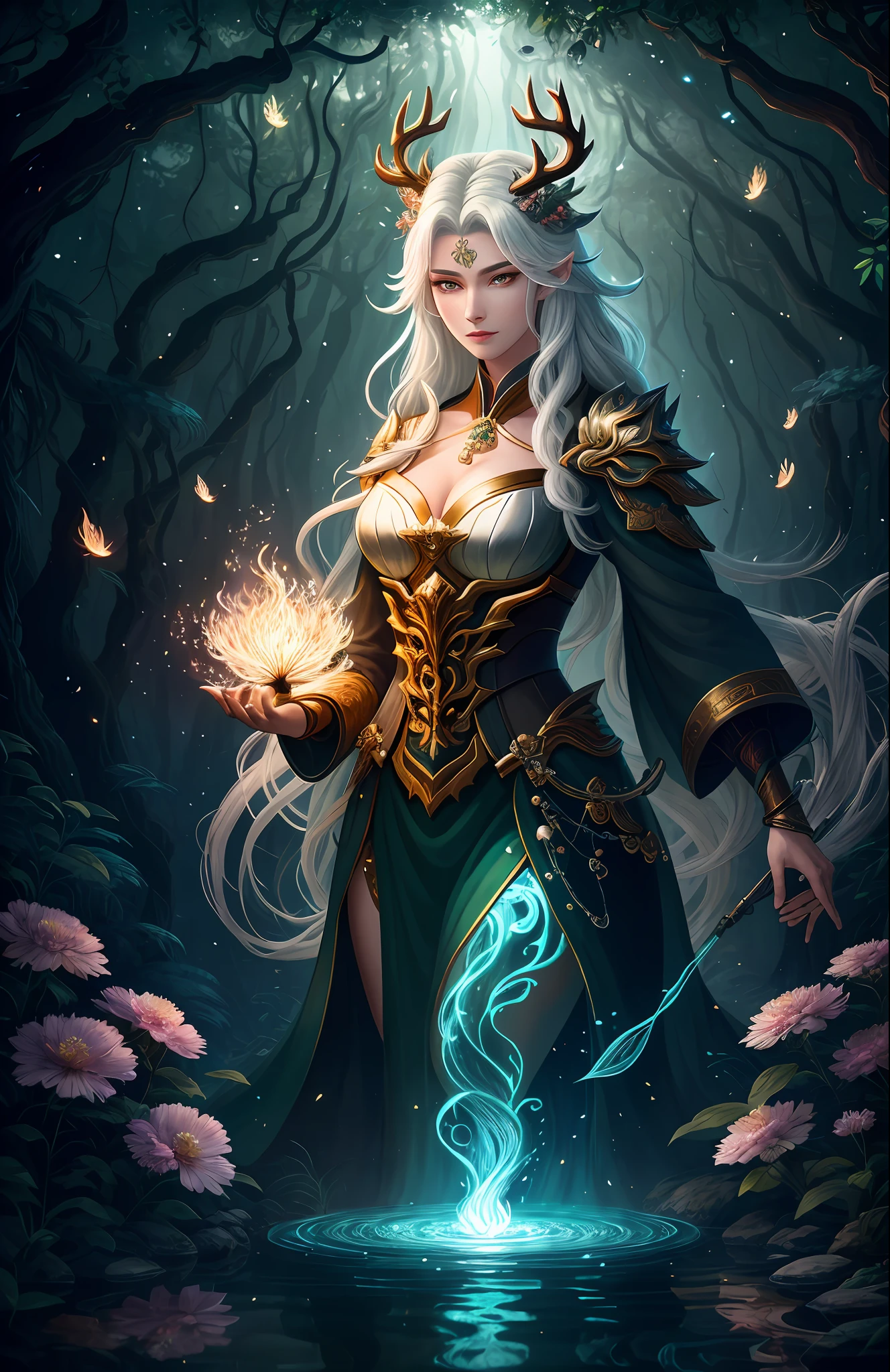 Masterpiece, best quality, (very detailed CG unified 8k wallpaper), (best quality), (best illustration), (best shadow), close-up of a woman with white hair and white mask, beautiful figure painting, Guvitz, Guvitz-style artwork, white-haired god, Yang J, epic exquisite character art, amazing character art, Fan Qi, Wu Jun Shifan, Guviz in pixiv art station, glowing elf, with a glowing deer, drinking water in the pool, Natural elements in forest theme. Mysterious forest, beautiful forest, nature, surrounded by flowers, delicate leaves and branches surrounded by fireflies (natural elements), (jungle theme), (leaves), (branches), (fireflies), (particle effects) and other 3D, Octane rendering, ray tracing, super detailed