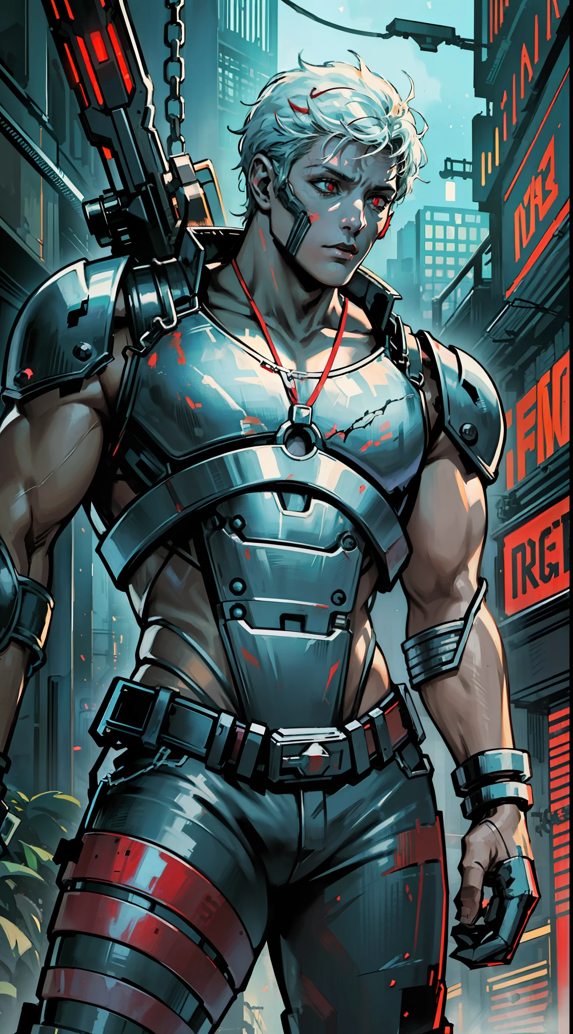 Dark_Fantasy,Cyberpunk,(chain saw,chain saw man,Red:1.1),1man,Mechanical marvel,Robotic presence,Cybernetic guardian, wearing a worn-out mech suit, intricate, (steel metal [rusty]), elegant, clear focus, shot by greg rutkowski, soft lighting, vibrant colors, masterpiece, ((street)), cowboy shot, dynamic pose,