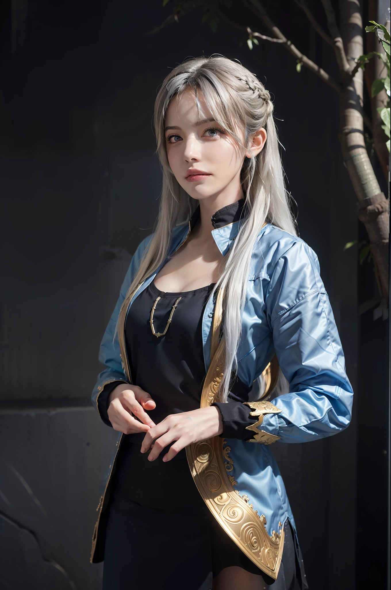 Hyperrealist portrait of female by david hockney and alphonse mucha,fantasy art, photo realistic, dynamic lighting, artstation, poster, volumetric lighting, very detailed faces, 4 k, award winning,, 1girl, in the dark, deep shadow, low key,cowboy shot,(official clothing:1.4) ,long hair,white hair,