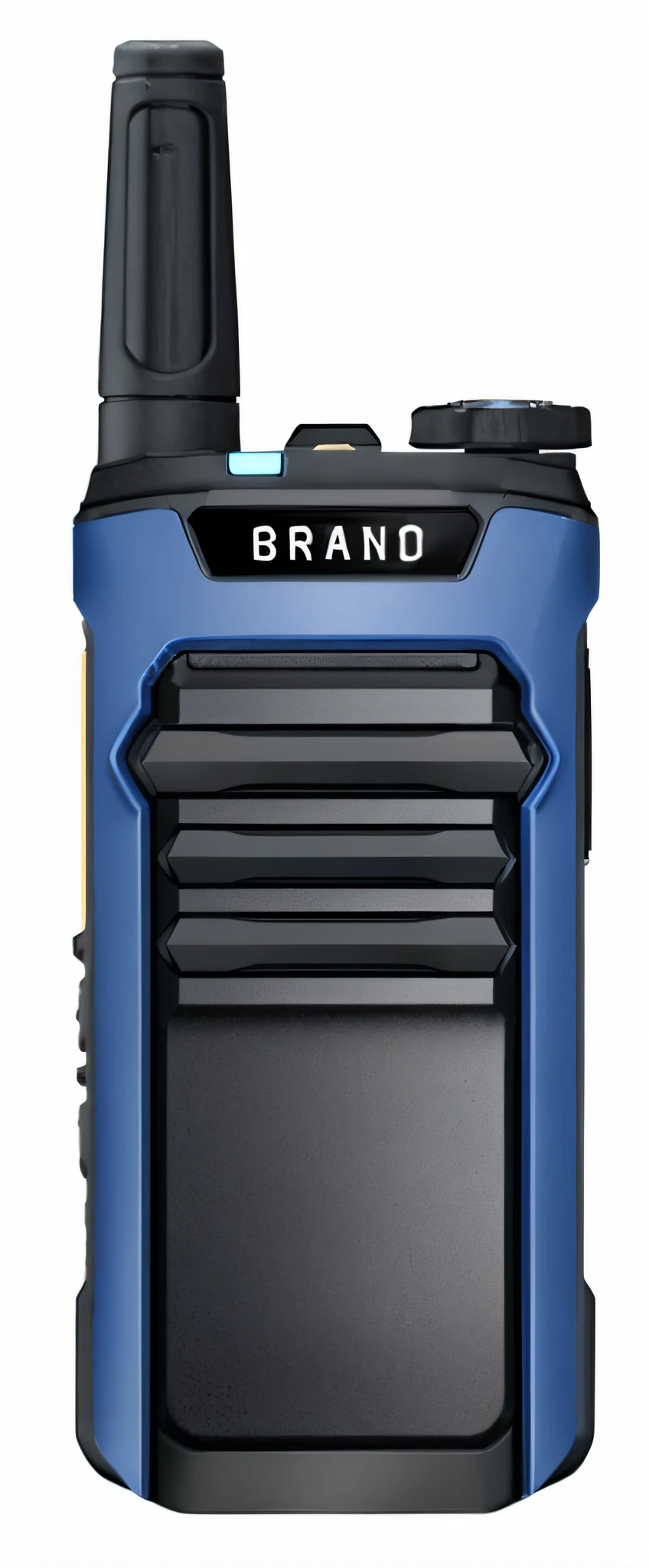 (blue and black walkie-talkie + high detail + clean shadow: 1.2), top view + section view perspective, 1200 dpi, close-up, ultra-accurate product image + brand logo + introduction photo + packaging + product & graphic details, (professional advertising perspective + brand introduction): 1.1