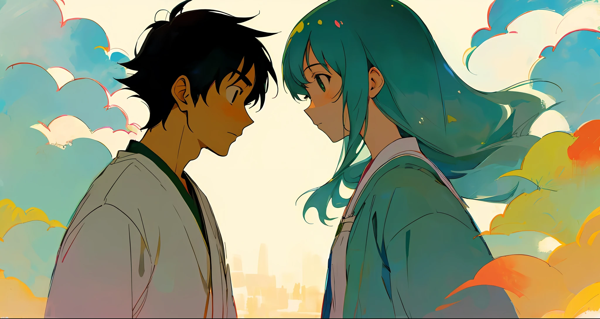 Miyazaki Hayao painting style A man and a female high school student look at each other face to face with a clean background