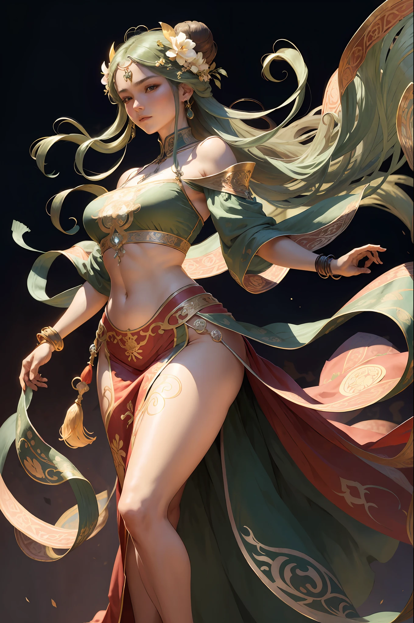 (Alphonse Mucha: 1.4), facial portrait of a European beauty, dancing, long hair, red and green gradient hair flower decoration, (few clothes: 2), (detail +Intricate details: 1.2), 4K, abstract art, body is proportional, line art, side face, color, Fibonacci, an ancient Chinese beauty, gorgeous costume embroidered with intricate embroidery, transparent colored streamers tied on arms, flowing, navel, bare shoulders, bare neck coiled hair bun, flower hairpin, arm ring tied with streamer, bracelet, anklet, metal chain tassel tied around the waist, Mogao cave art, Dunhuang flying sky mural inspiration, ink, cgstation popular --v 6