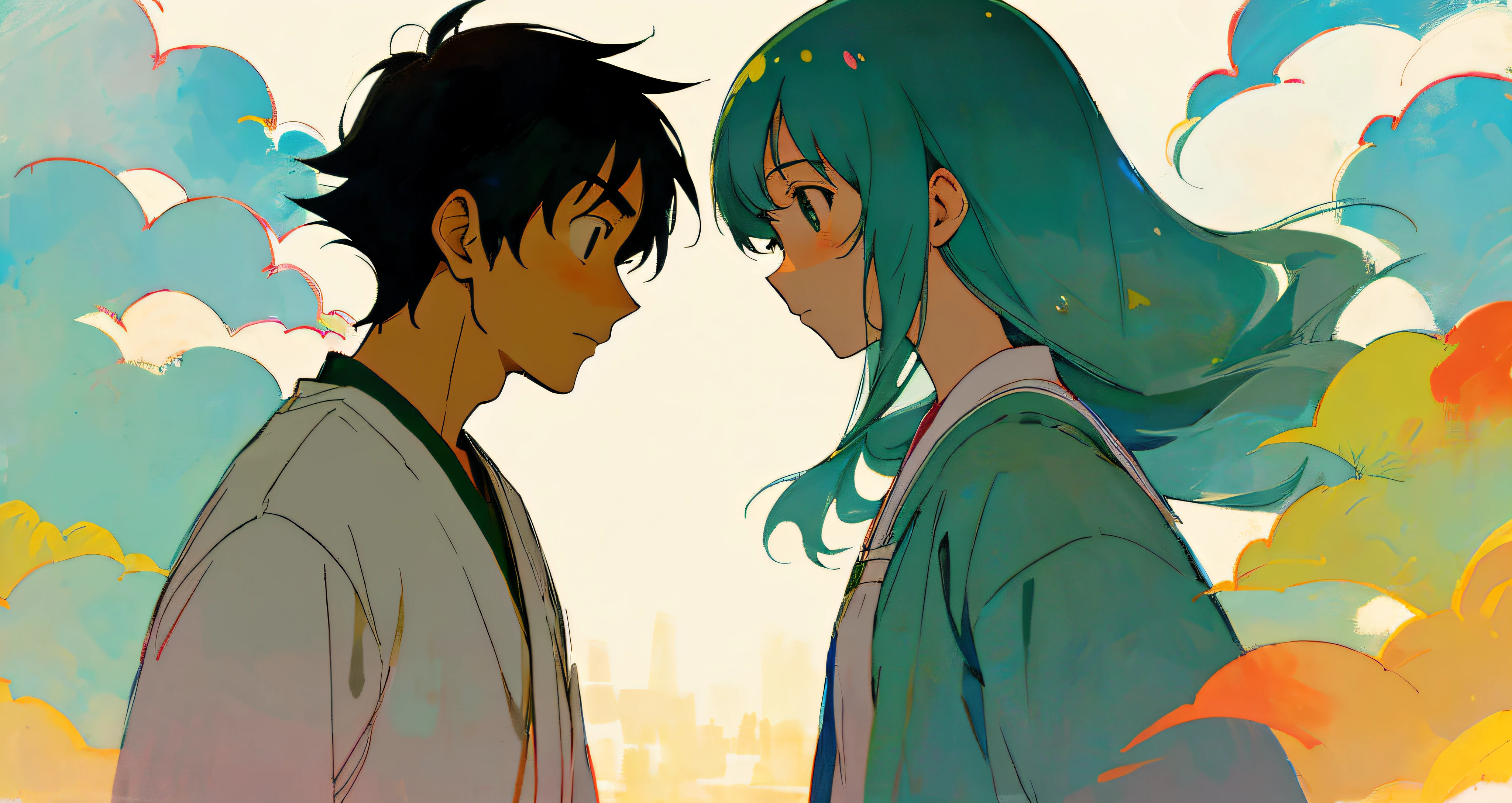 Miyazaki Hayao painting style A man and a female high school student look at each other face to face with a clean background