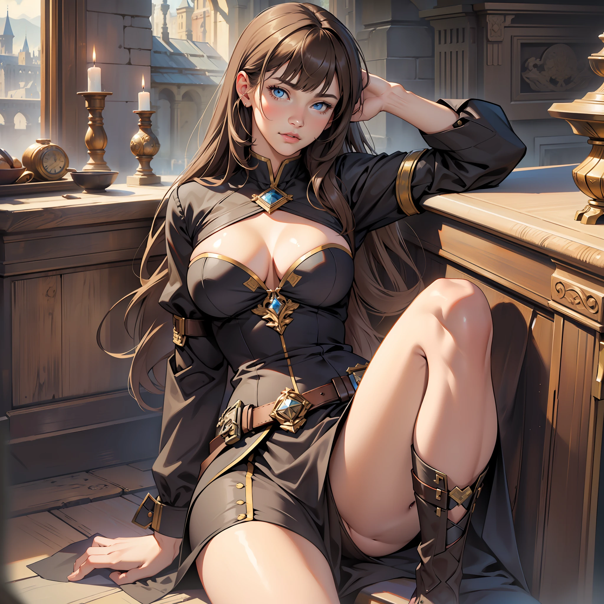 ((realistic: 1.5)),((best quality)), ((masterpiece)),((detailed)), woman, brown hair, bangs, blue eyes, focus on face, mature expression, long legs, curves, medium breasts, neckline, general's outfit, castle