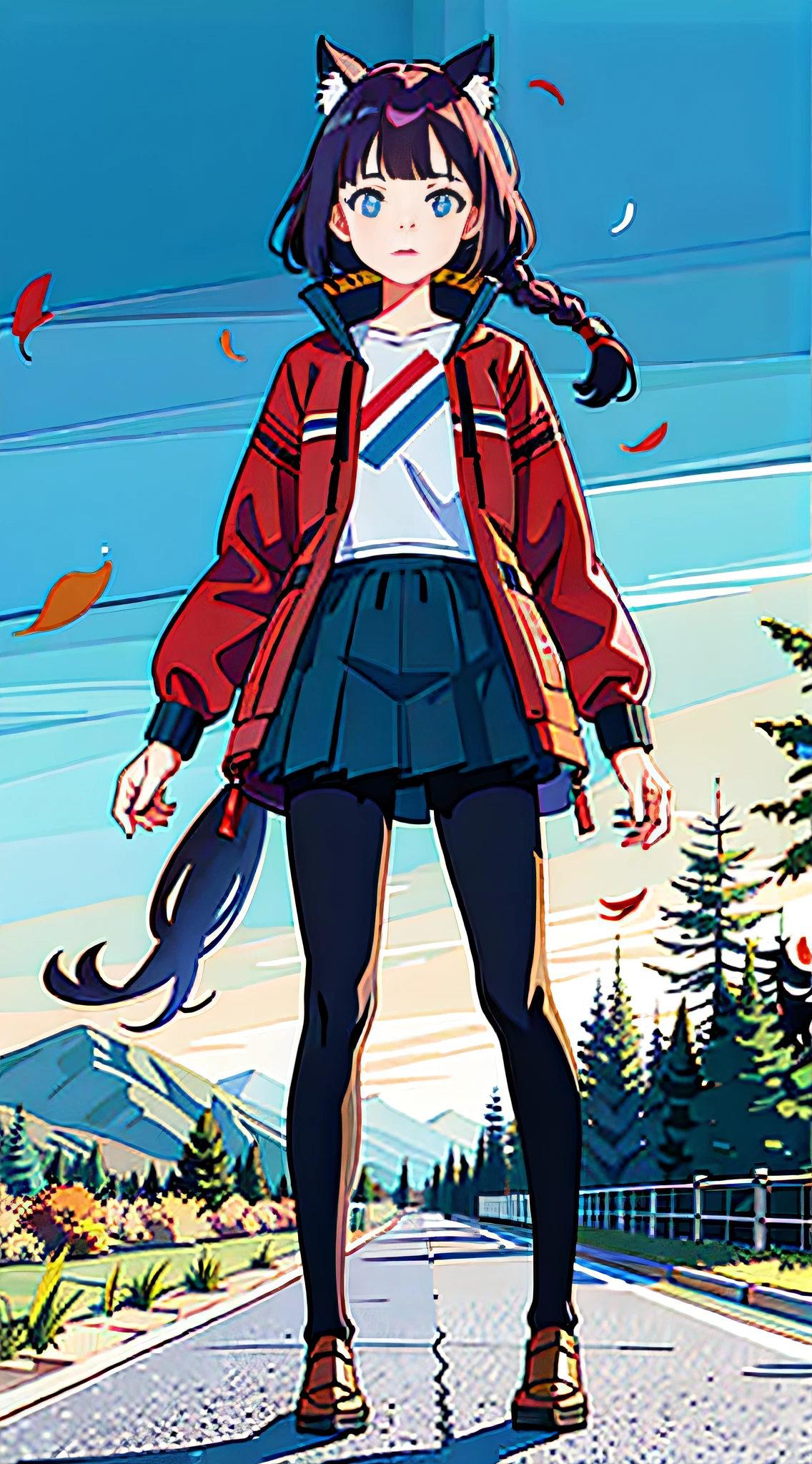 masterpiece, best quality, 1girl, 4k, autumn, falling leaves, fall, detailed, face, eyes, beautiful, full body, leggings, socks, shoes, sharp, high res, cat ears, rosy cheeks, realistic, small chest, mountains, colorful, vibrant, purple hair, blue eyes, walking, orange leaves, leaf, windy, cinematic, movie poster, shadows,