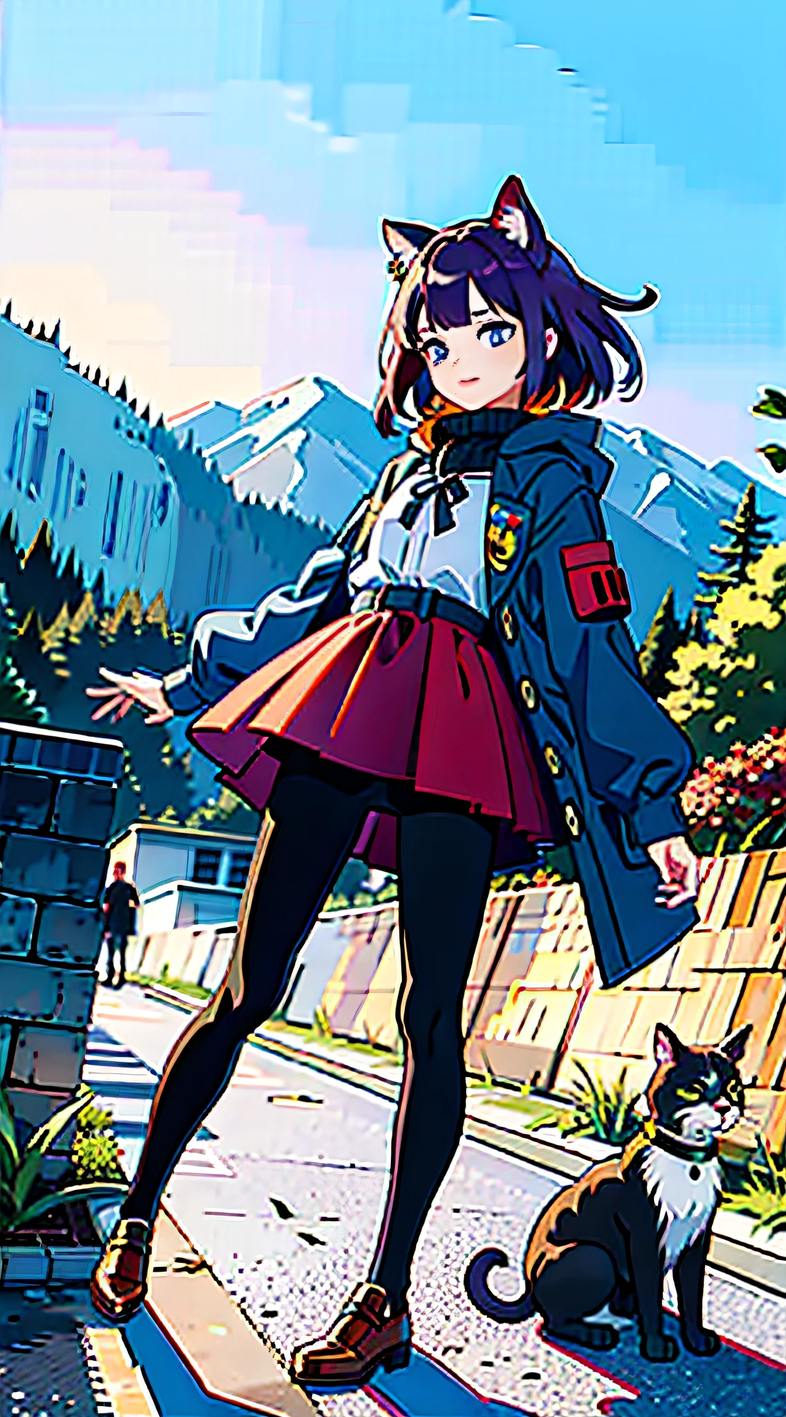 masterpiece, best quality, 1girl, 4k, autumn, falling leaves, fall, detailed, face, eyes, beautiful, full body, leggings, socks, shoes, sharp, high res, cat ears, rosy cheeks, realistic, small chest, mountains, colorful, vibrant, purple hair, blue eyes, walking, orange leaves, leaf, windy, cinematic, movie poster, shadows,