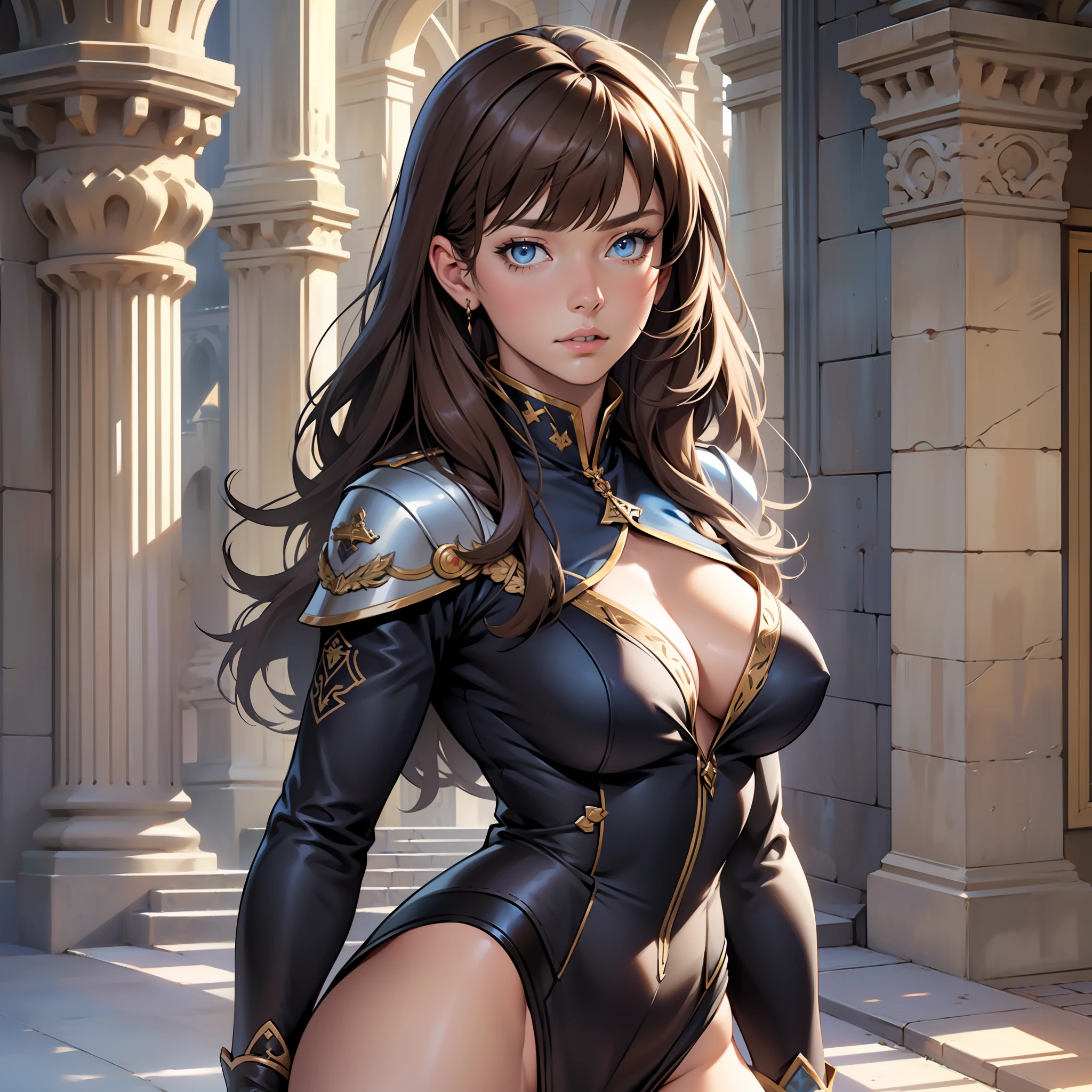 ((realistic: 1.5)),((best quality)), ((masterpiece)),((detailed)), woman, brown hair, bangs, blue eyes, focus on face, mature expression, long legs, curves, medium breasts, neckline, general's outfit, castle