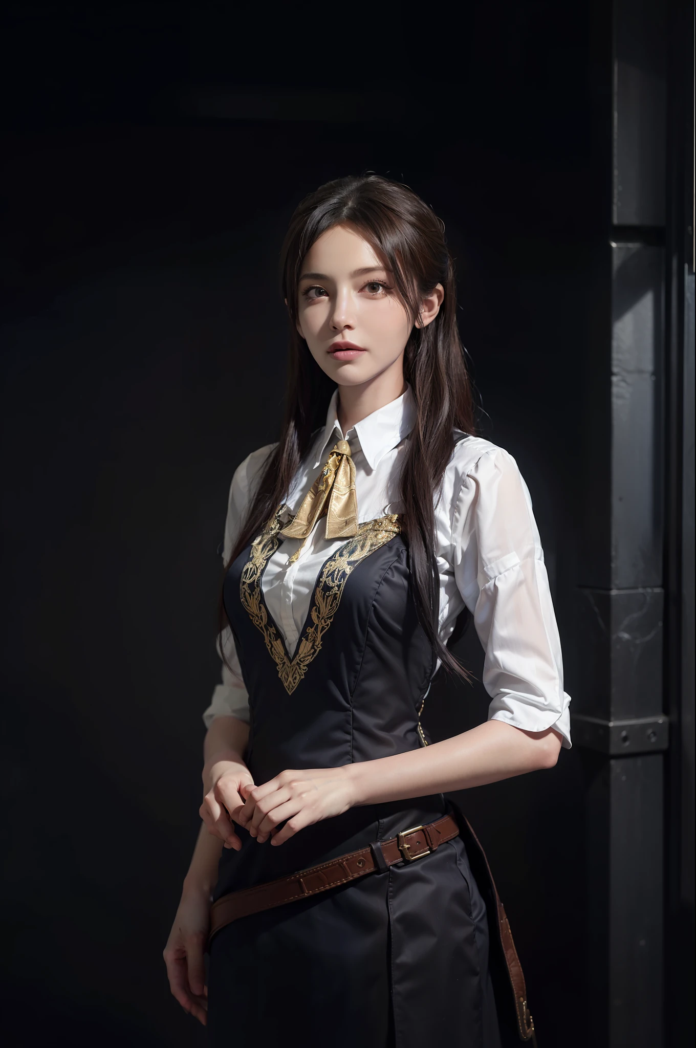 Hyperrealist portrait of female by david hockney and alphonse mucha,fantasy art, photo realistic, dynamic lighting, artstation, poster, volumetric lighting, very detailed faces, 4 k, award winning,, 1girl, in the dark, deep shadow, low key,cowboy shot,(official clothing:1.4) ,long hair,white hair,