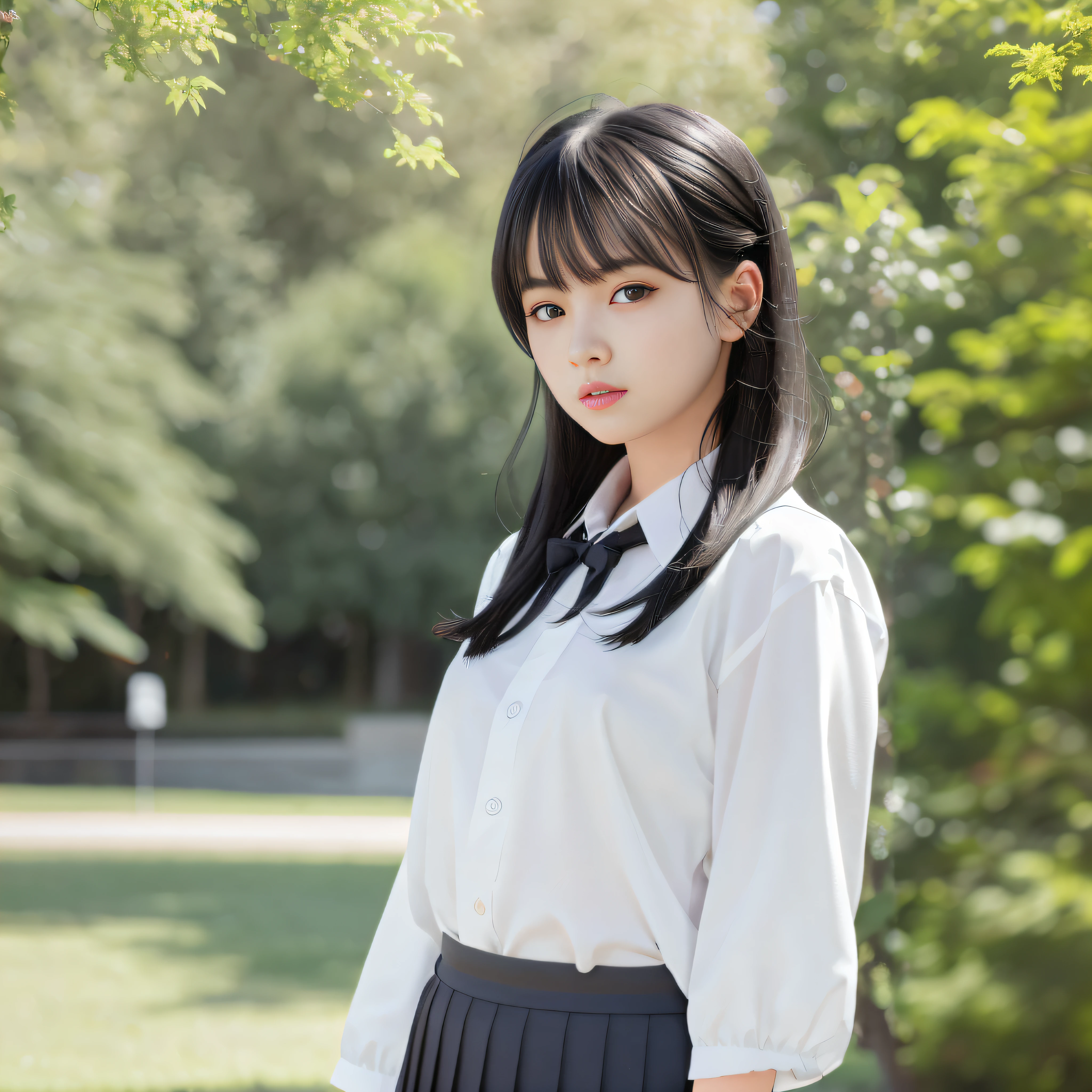 there is a woman in a white shirt and black skirt, taken with canon eos 5 d mark iv, taken with canon 5d mk4, wearing japanese school uniform, portrait of female korean idol, shot with canon eoa 6 d mark ii, anime girl in real life, korean girl, japanese girl school uniform, japanese school uniform, girl wearing uniform