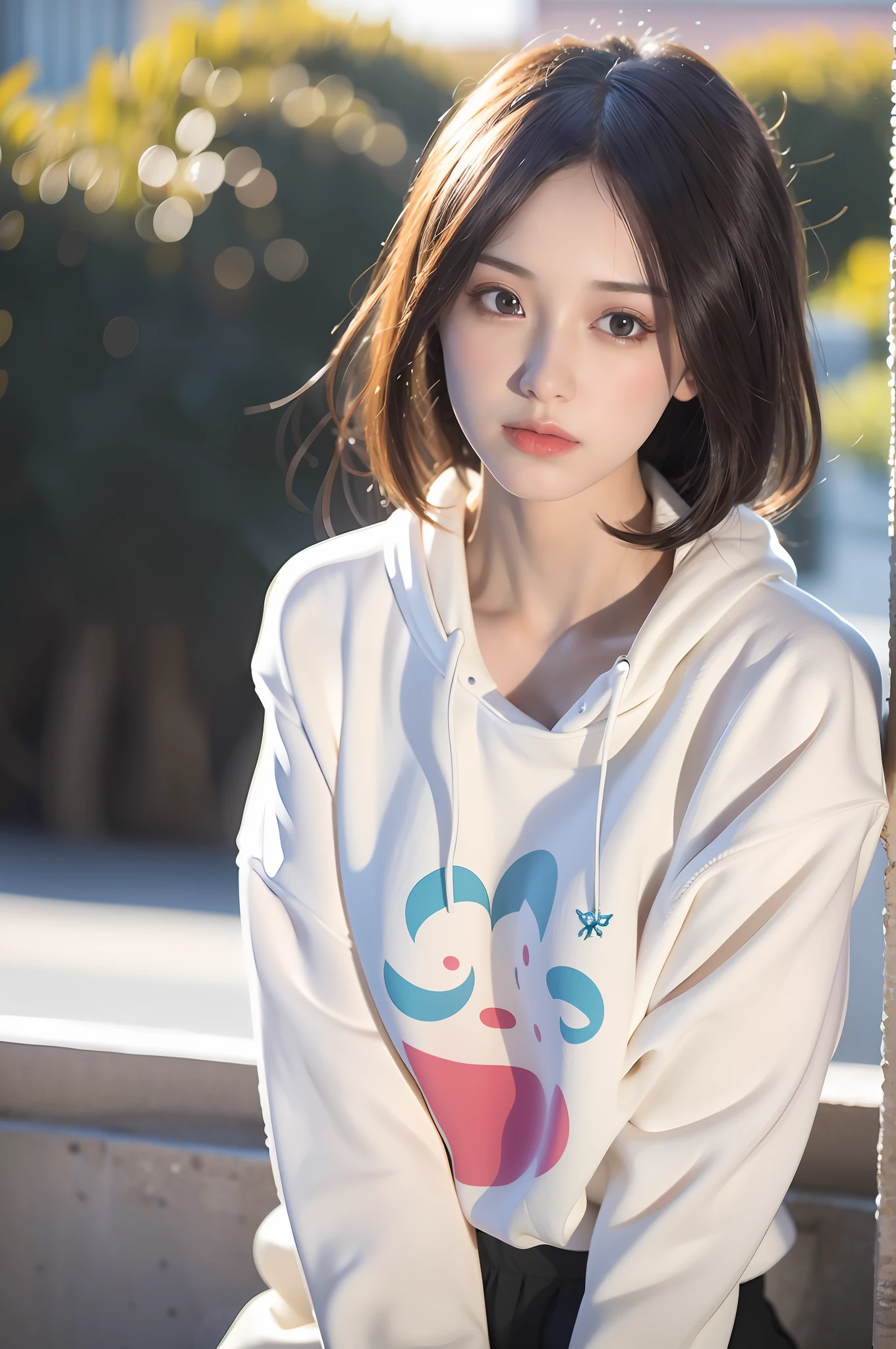 Incomparable masterpiece, perfect artwork, ((perfect female figure)), short hair, blonde, thin, realistic, solo, (realism: 1.4), best quality, ultra high resolution, 1girl, porcelain, Kpop ido, full body, (tight sweatshirt) black sweatshirt, (clothes with horizontal letter icon) (d cup), beautiful, masterpiece, best quality, very detailed face, perfect lighting, solo, plain makeup, best quality, super high resolution, 👍 (realistic: 1.4), Ultra-detailed, masterpiece, best quality, ulzzang -6500-v1.1