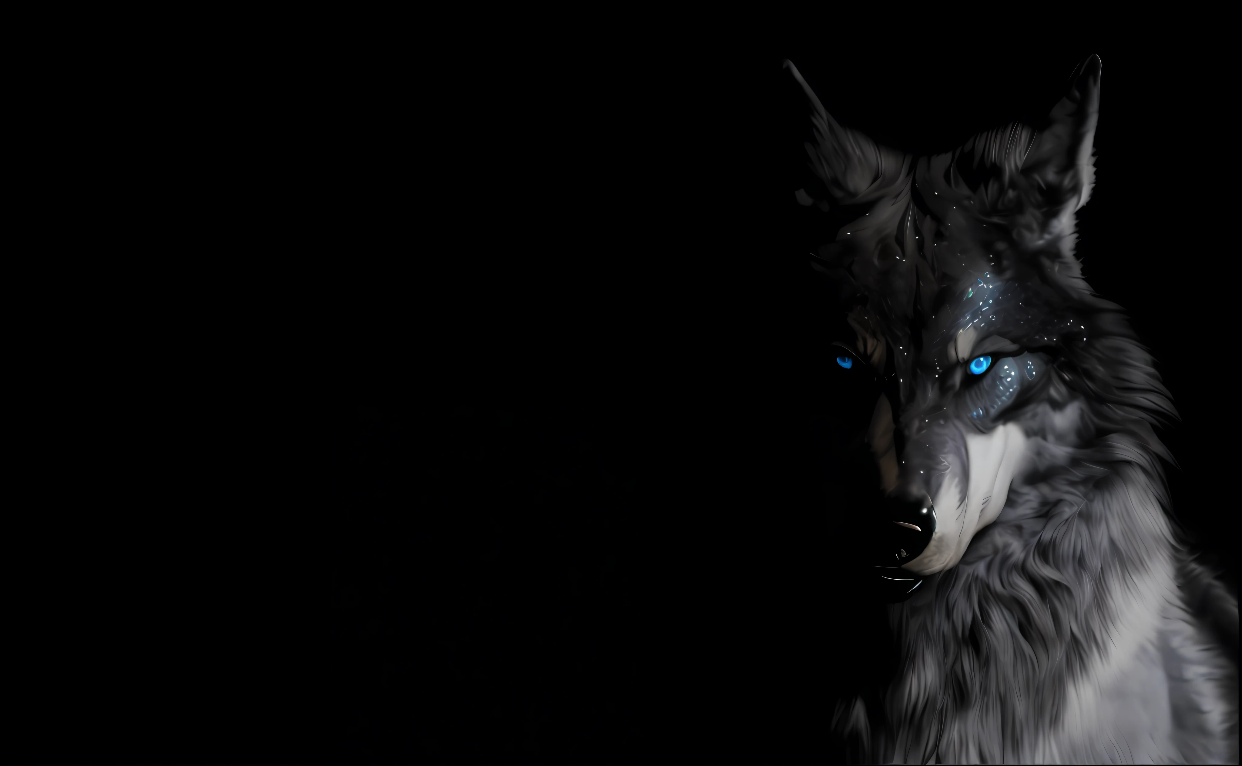 Great Musculity Black Wolf Warrior,wearing metallic and leather battle armour,upper half of chest and face , in left side of screen,Artstation illustrators, intricate details, Detailed face,bright blue colour eyes, looking at viewer ,dim light, illustration, UHD, 4K hyper realistic, tension, cold, highly detailed, sharp focus, professional, 8k UHD, cinematic, dark, violent, outdoor, battle scene,dramatic, scary vibe, render, epic, twilight, HDR, album cover, blizzard, lightning, cataclysmic,820 pixels wide by 312 pixels tall , half black background , landscape view , away portrait view,whole head,battle scene, scar in right side of face ,hairy, realistic wolf, raining, lighting ,face and chest facing at viewer ,good jaw , Blue eyes, hairy mane
