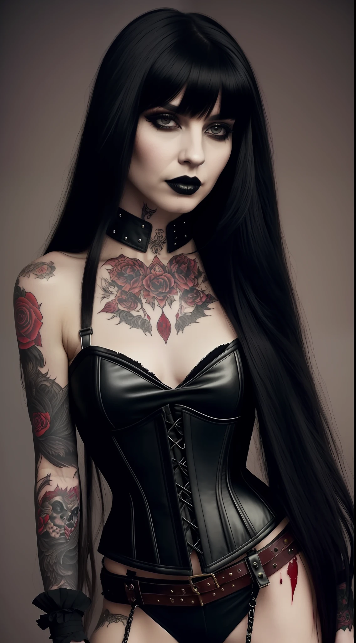 masterpiece, best quality, a woman long hair, leather corset bangs, dark look, black lipstick, blood vampire tattoo all over the body