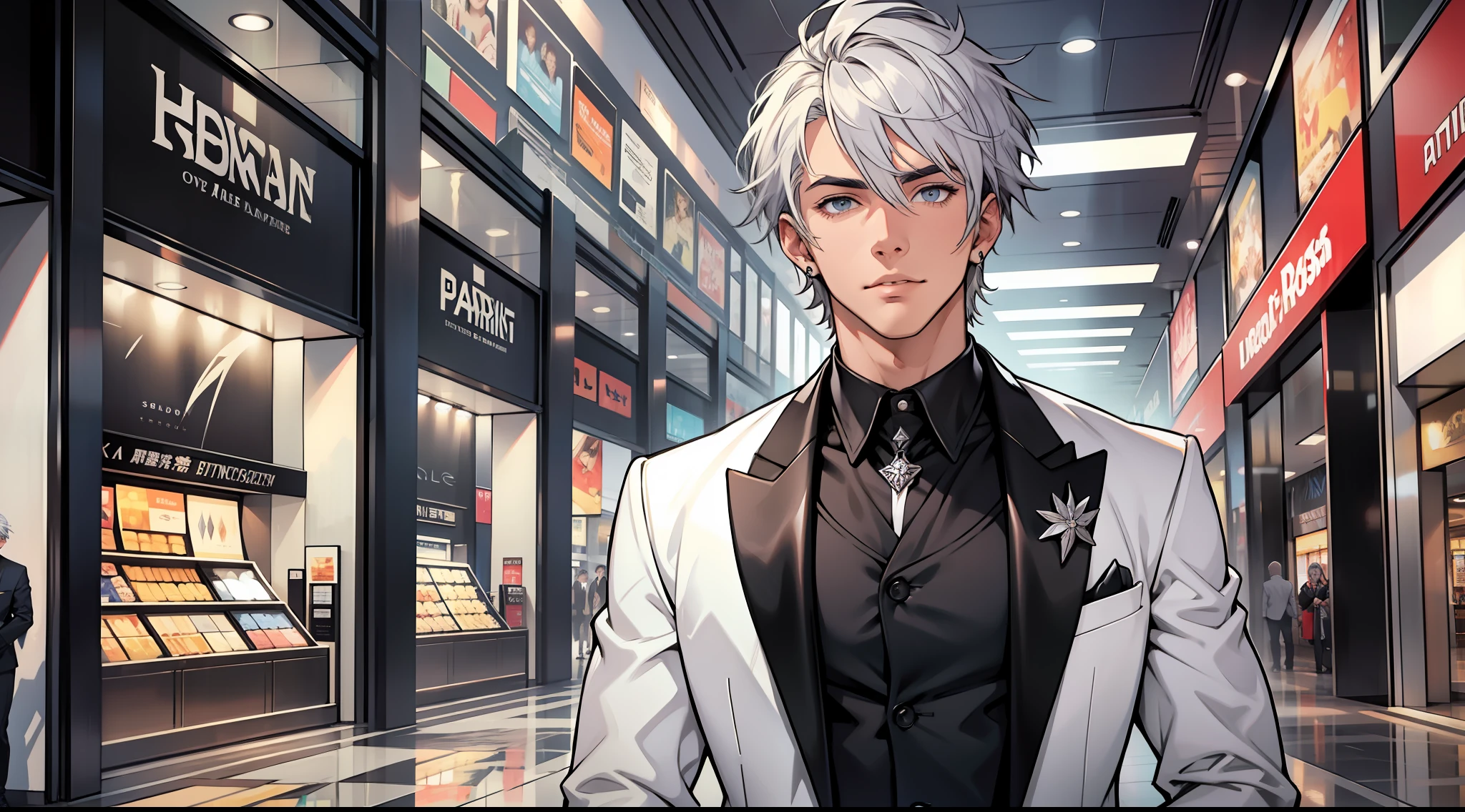 Handsome boy with silver hair, black shirt, white suit, inside the mall