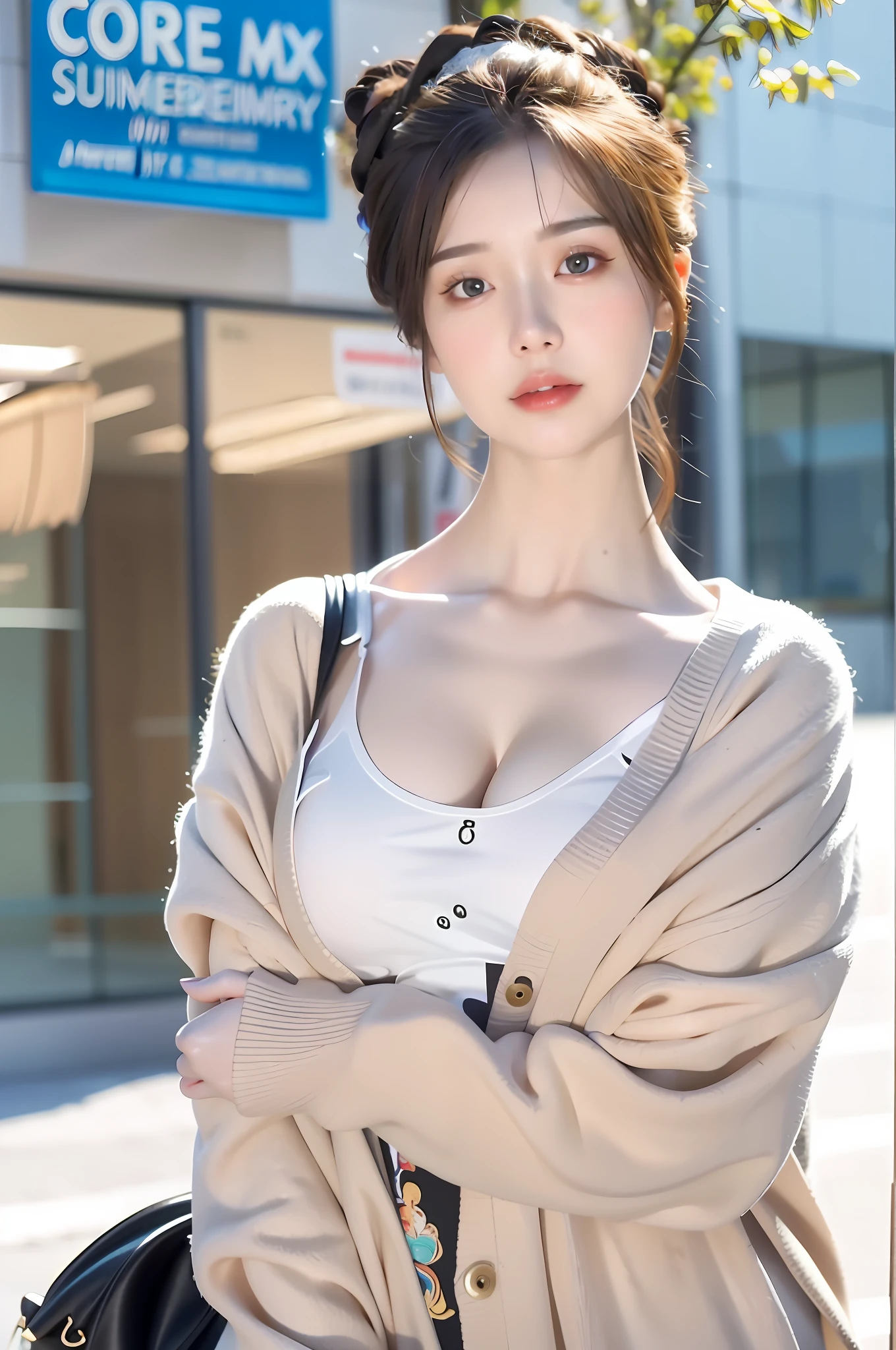 Incomparable masterpiece, perfect artwork, ((perfect female figure)), short hair, blonde hair, thin, realism, solo, (realism: 1.4), best quality, super high resolution, 1girl, porcelain, kpop ido, full body, gray cardigan, (C cup), beautiful, masterpiece, best quality, very detailed face, perfect lighting, solo, plain makeup, best quality, super high resolution, (realistic:1.4), super detailed, masterpiece, best quality, 👍 ulzzang -6500-v1.1