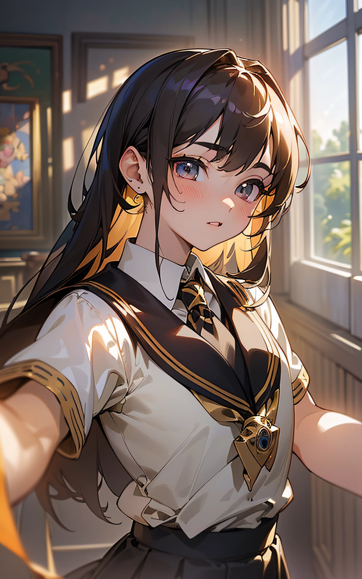((unity 16k wallpaper, masterpiece, best quality, ultra-detailed, extremely detailed CG, caustics, detailed, beautiful detailed eyes, , dynamic pose、curby)), ultra high-definition, fine skin, (cute: 1.2), (school uniform)、vivid