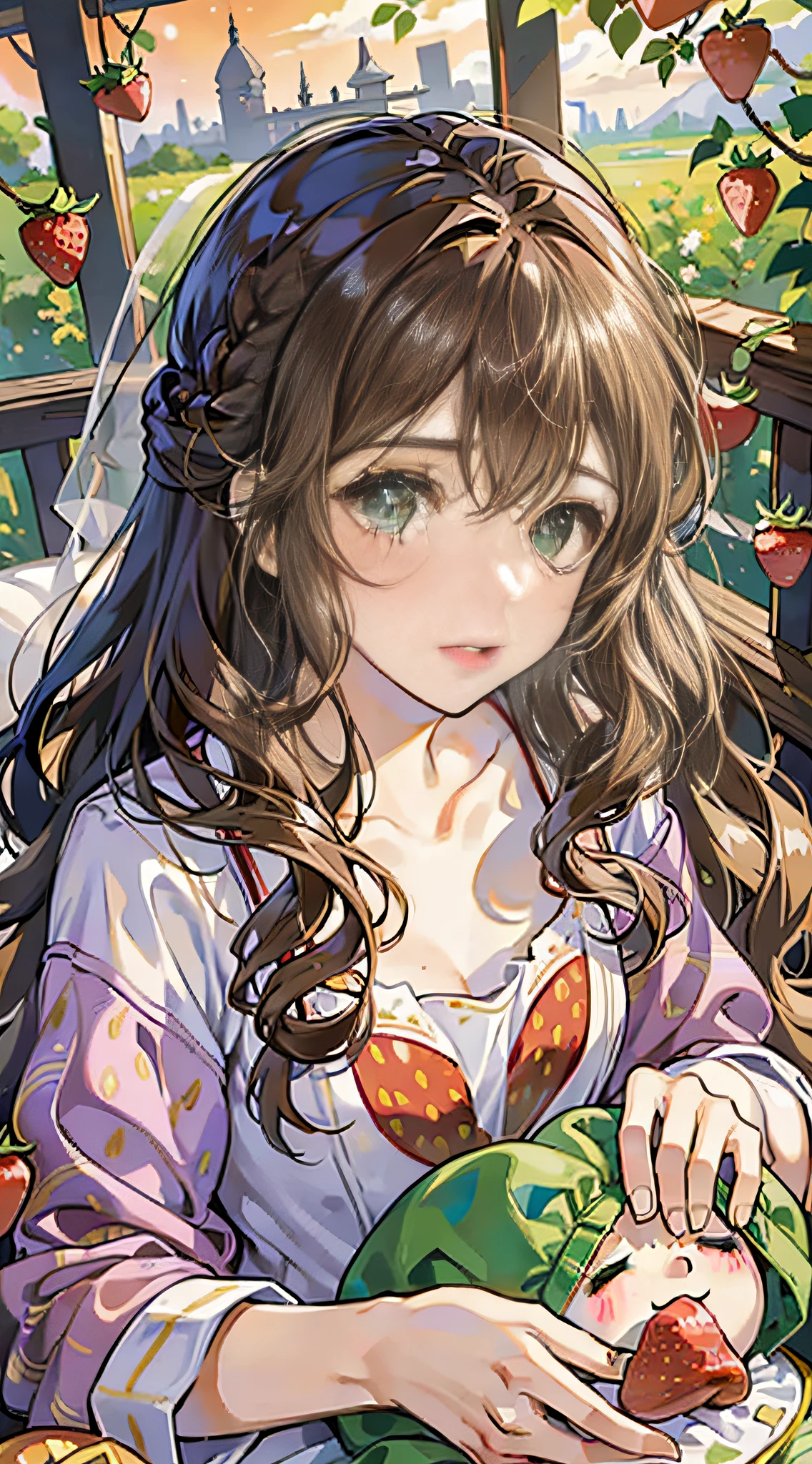 Girl with semi-long wavy brown hair, lying on her stomach looking at a photo of her boyfriend, in tender white pajamas and print strawberries, scenery of tender girl, emerald eyes,