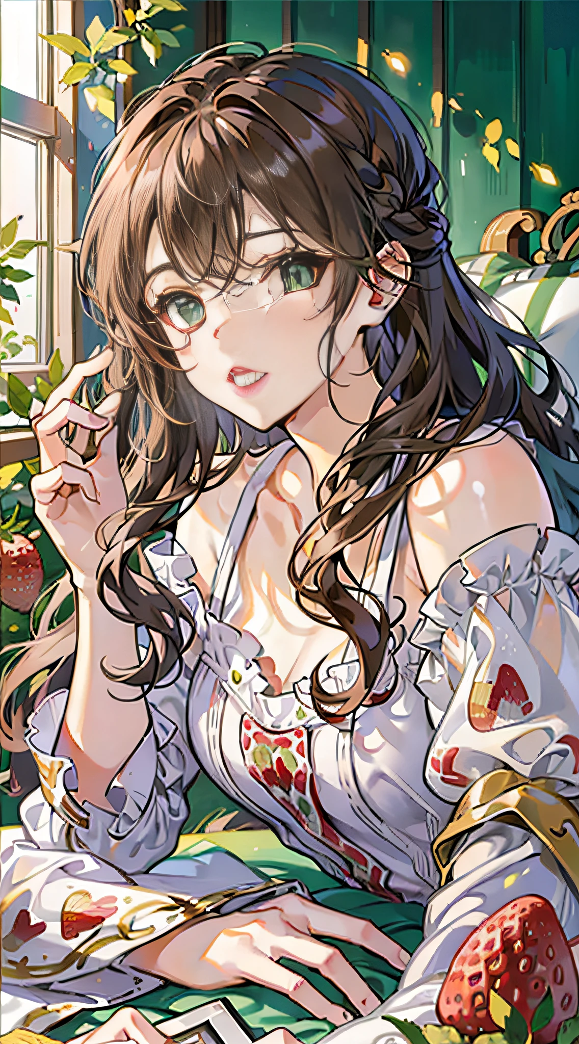 Girl with semi-long wavy brown hair, lying on her stomach looking at a photo of her boyfriend, in tender white pajamas and print strawberries, scenery of tender girl, emerald eyes,