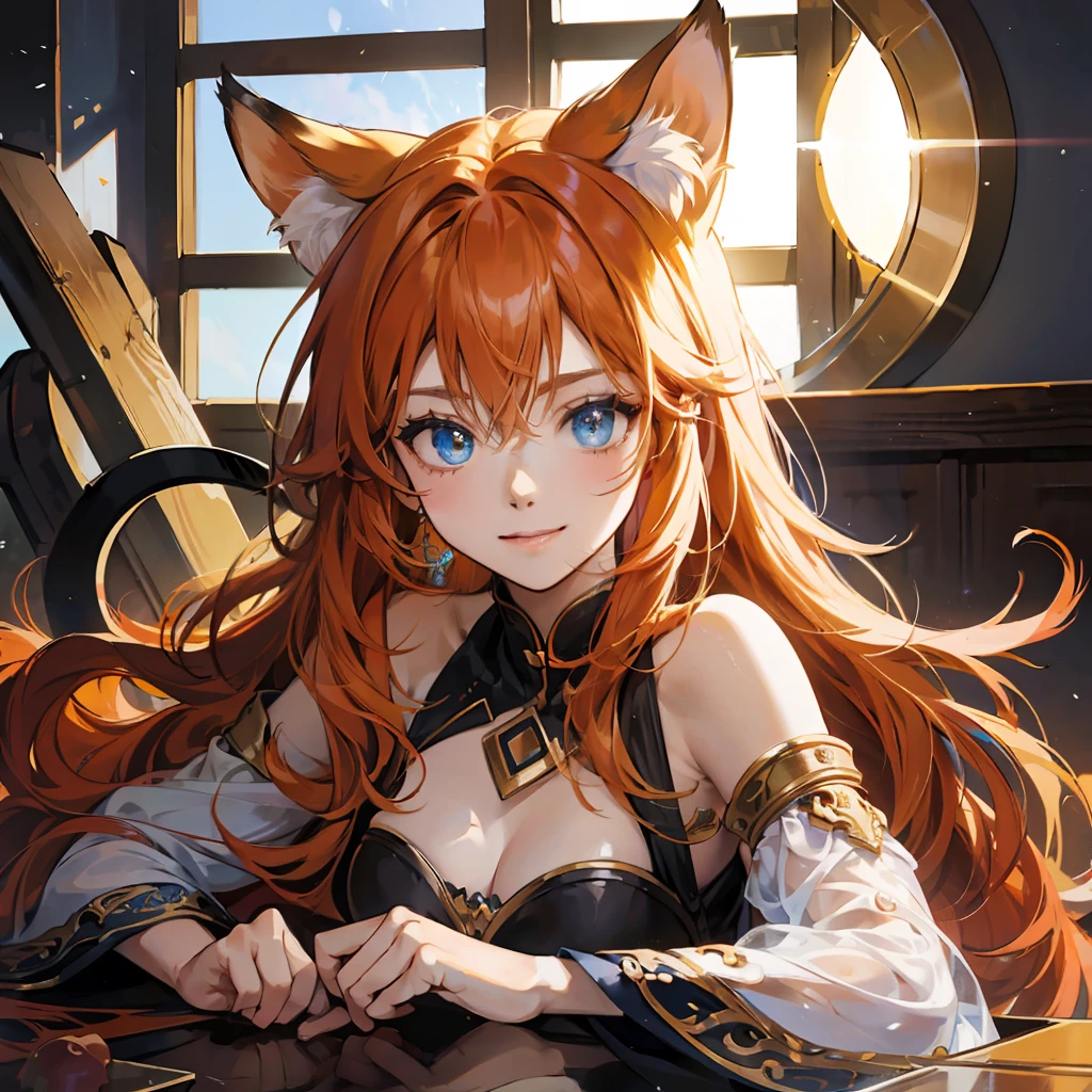 beautiful and super cute anime character smiling,orange coppery hair, long and gently wavy,blue-eyed, girl showing kitten claw, wearing kitten ear, with a deep and intricate look, infectious, from a top to bottom angle showing her inferiority, medium breasts, cartoon with close face, dark ambient lighting, with a clear light on the face,  vivid colors and environmental saturation, character near the window showing the sun --auto --s2