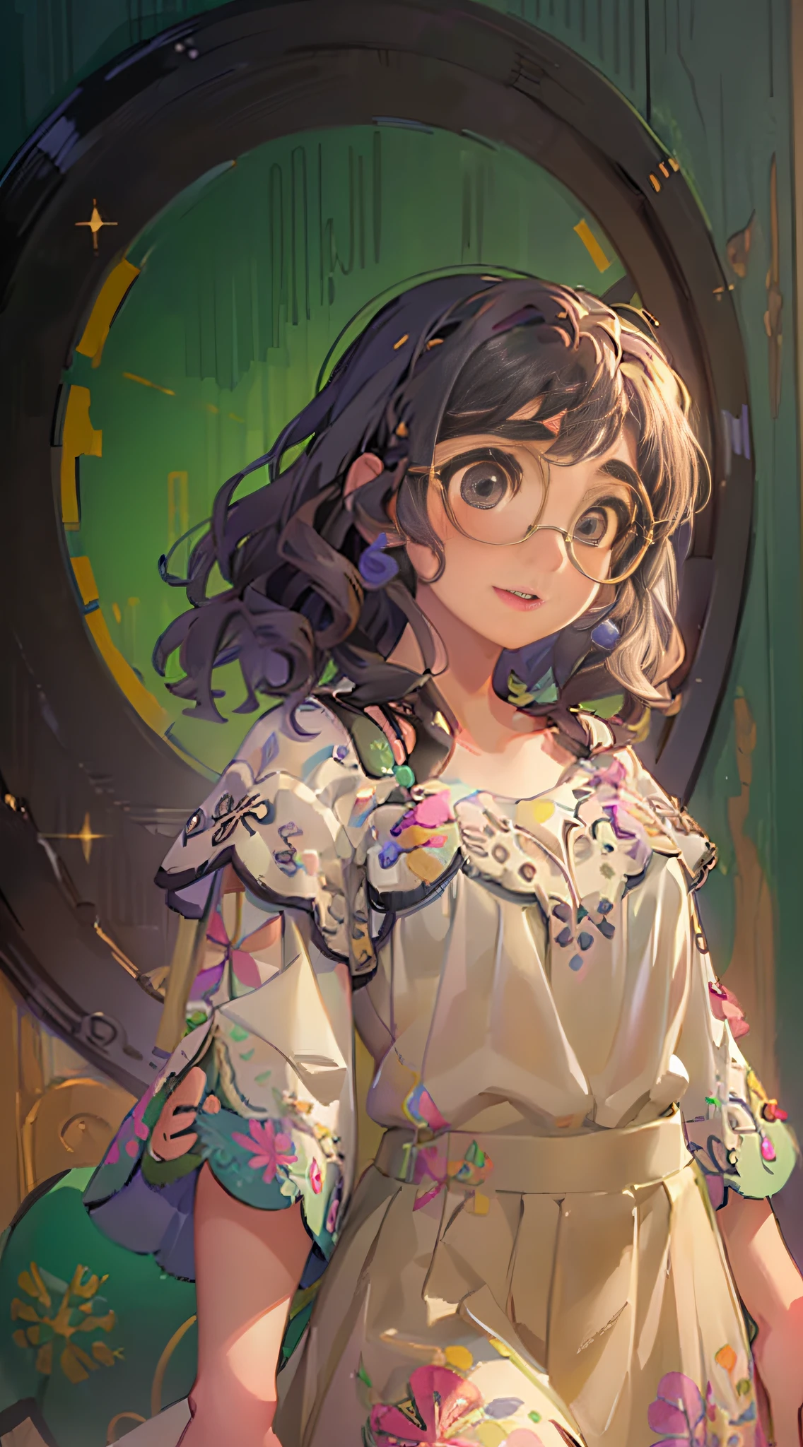 (masterpiece, best quality, high resolution:1.4), 1girl, mirabel madrigal, glasses, smile, looking at viewer, white blouse,green skirt,