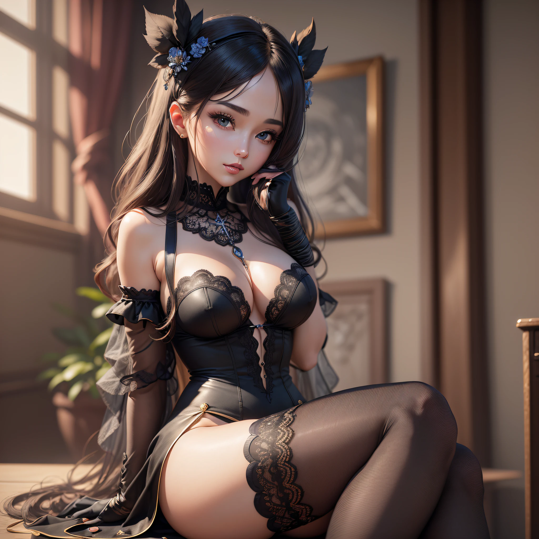 (masterpiece:1.2), best quality, ultra-detailed, extremely detailed CG unity 8k wallpaper, (beautiful woman: 1.2), (black stockings: 1.2), soft lighting, seductive gaze, alluring pose. --auto --s2