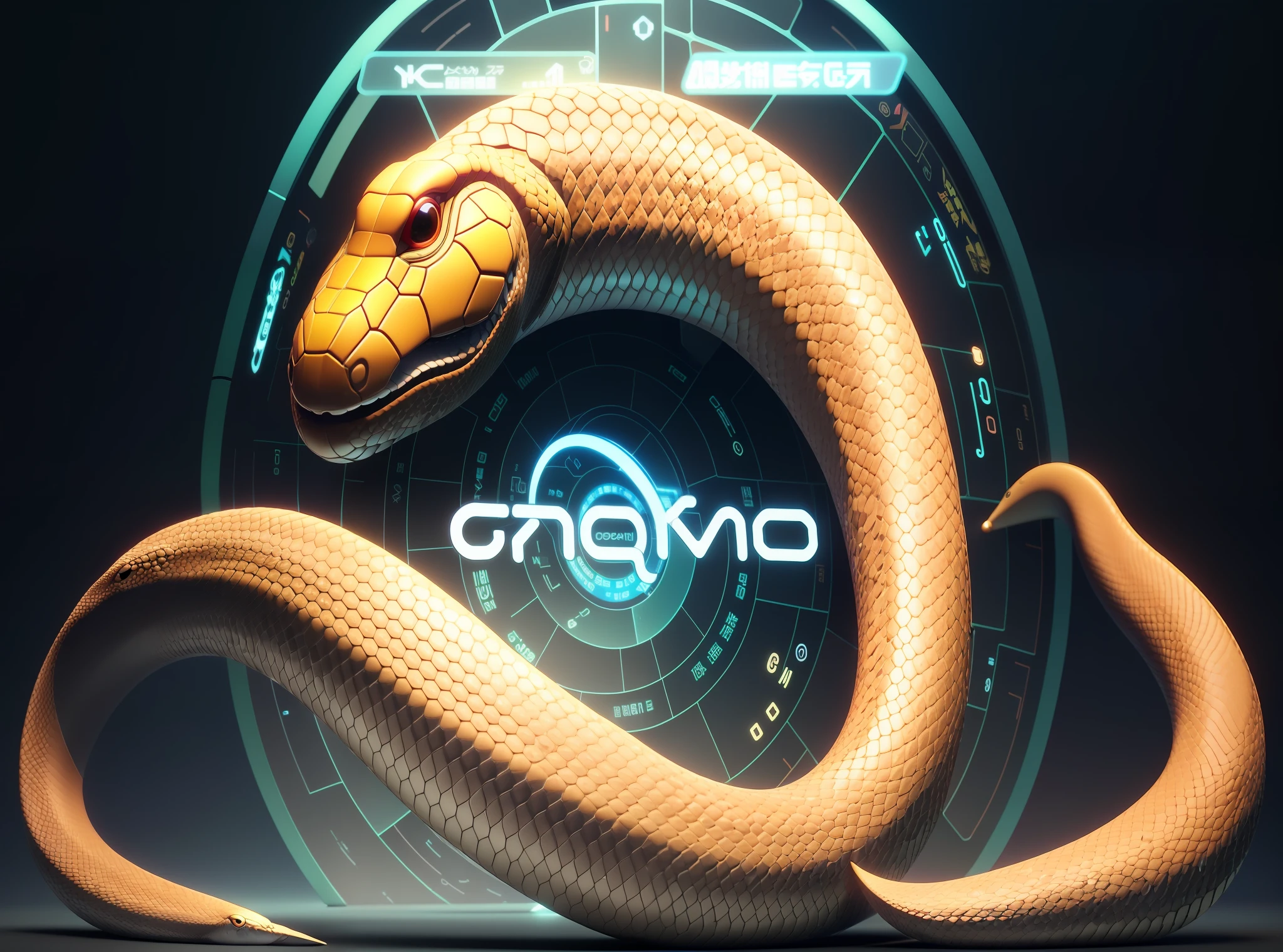 a close up of a snake with a futuristic background, cyangmou, nano, ouroboros, otomo, chromatic, giant snake, snake, isometric game asset, official artwork, isometric game, cinema 4d cinematic, cinema 4 d octane, background artwork, maxon cinema 4d, c 4 d ”, crane, banner, game cg, not cropped