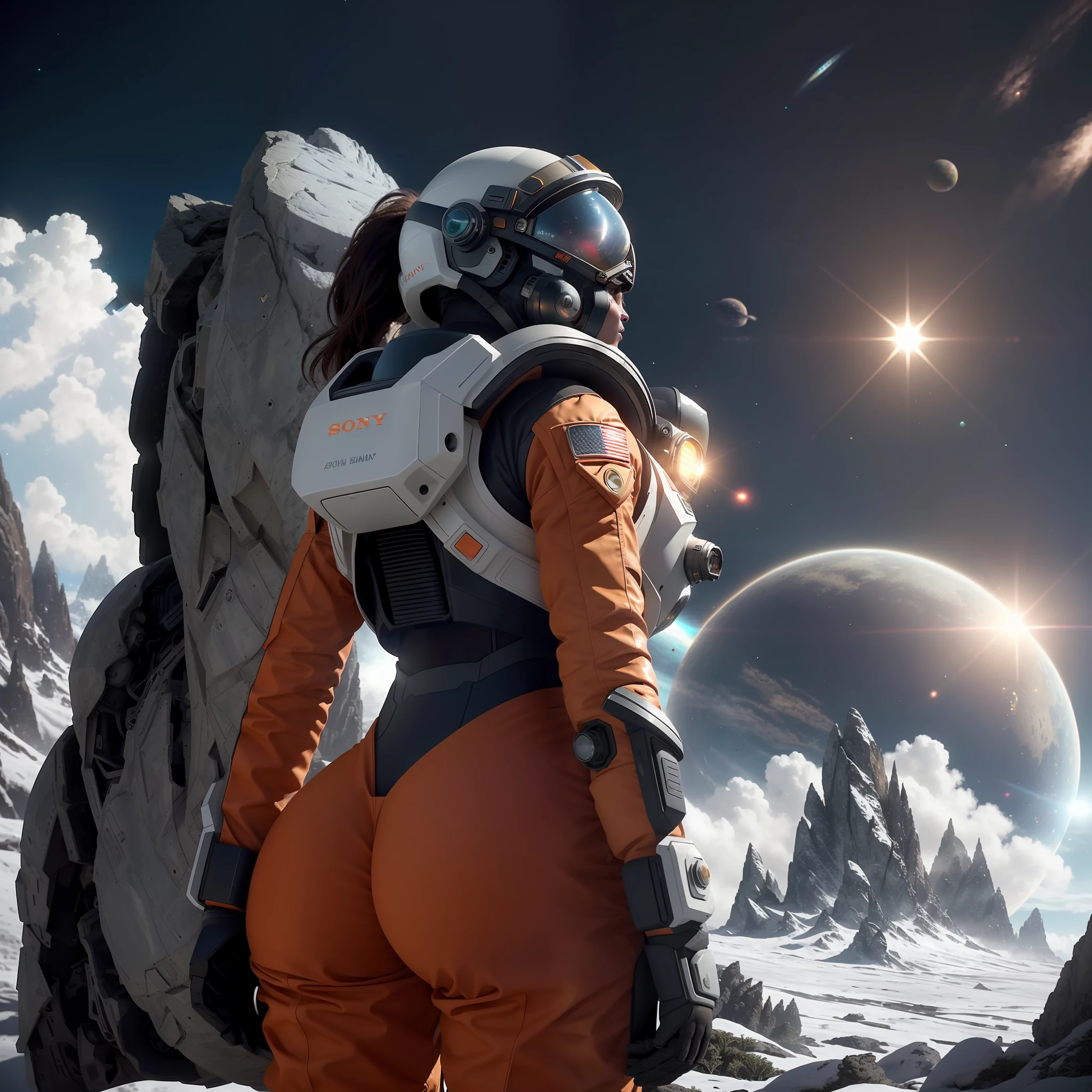 rear angle, Highly detailed RAW color Photo, Rear Angle, Full Body, of (female space soldier, wearing orange and white space suit, helmet, tined face shield, rebreather, accentuated booty), outdoors, (looking up at advanced alien structure, on alien planet), toned body, big butt, (sci-fi), (mountains:1.1), (lush green vegetation), (two moons in sky:0.8), (highly detailed, hyperdetailed, intricate), ((DAY TIME)), (lens flare:0.7), (bloom:0.7), particle effects, raytracing, cinematic lighting, shallow depth of field, photographed on a Sony a9 II, 50mm wide angle lens, sharp focus, cinematic film still from Gravity 2013, from behind