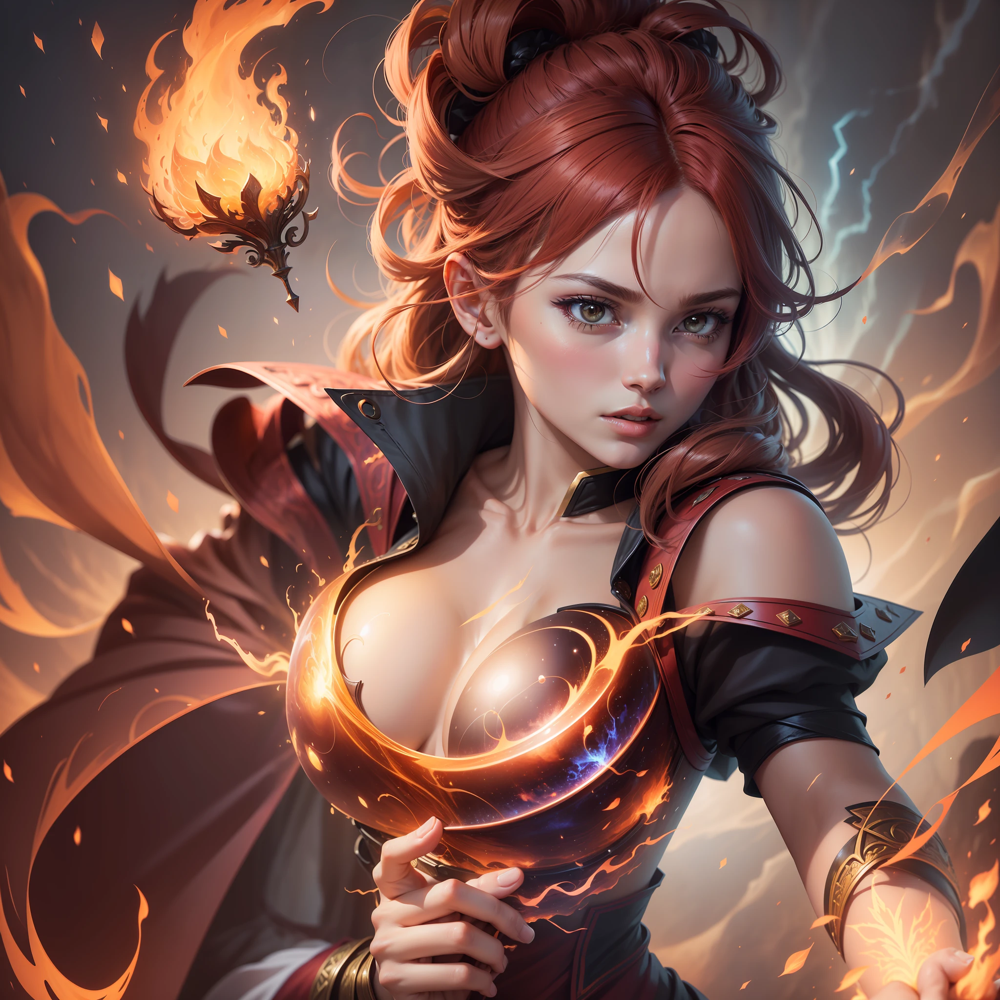 Generate a high-quality anime-style digital illustration depicting an elemental magician woman engulfed in red flames and yellow lightning. The scene should be extremely detailed, with golden tones and a sense of realistic depth of field. The lighting should be cinematic, with a soft backlight (backlighting: 1.2) that highlights the contours of the character. Add a subtle flowering effect (flowering: 1.2) that brings an ethereal appearance to the flames and lightning. Use bright light (1.1) to emphasize the magical elements. Add a slight chromatic aberration (chromatic aberration: 1.2) at the points of greatest intensity of the image to increase realism.
The magical woman should be portrayed with distinctive anime features, displaying striking facial details, expressive eyes, and an elaborate hair style. She should be dressed in a costume that matches the elemental theme, using shades of red and yellow to match the flames and lightning that surround her. The details of the costume should be sharp and well defined, featuring ornaments and textures that enhance its magical appearance.
The spatial background should be highly detailed, with bright stars and a sense of vastness. Soft, cinematic lighting should be applied, creating subtle shadows and accent areas to give depth to the scene. Add a soft blur effect to reinforce the sense of depth of field and highlight the main character. Apply a slight backlight (backlighting: 1.2) from space to highlight the silhouette of the magician.
The generated image must present exceptional resolution and sharpness, with a high level of detail in all elements. The contrast should be adjusted to highlight the vibrant colors of the fire and lightning. Make sure the lighting is meticulously rendered, creating precise shadows and reflections, to achieve a hyper-realistic effect.
Use the automatic mode (auto) to adjust the parameters of the ge