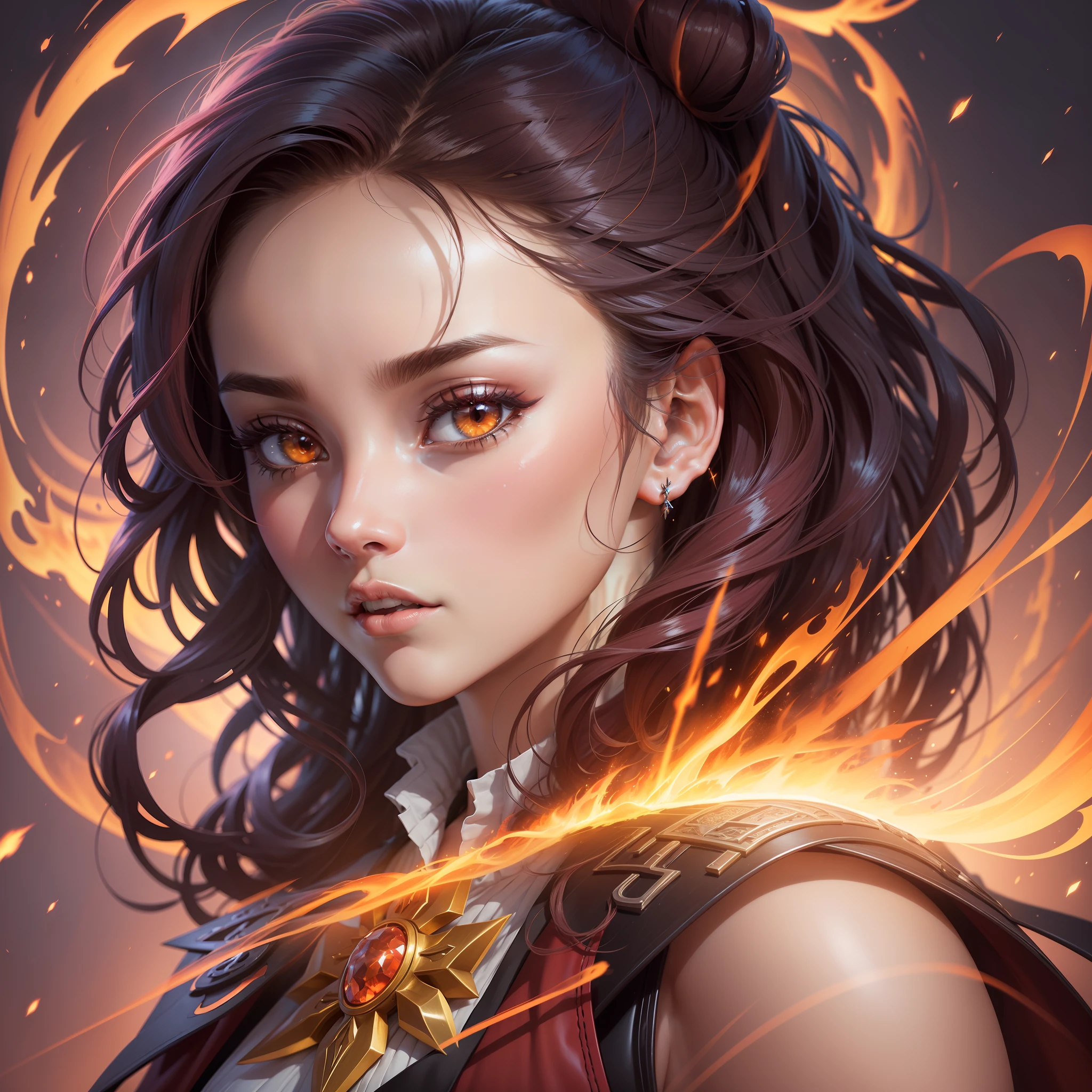 Generate a high-quality anime-style digital illustration depicting an elemental magician woman engulfed in red flames and yellow lightning. The scene should be extremely detailed, with golden tones and a sense of realistic depth of field. The lighting should be cinematic, with a soft backlight (backlighting: 1.2) that highlights the contours of the character. Add a subtle flowering effect (flowering: 1.2) that brings an ethereal appearance to the flames and lightning. Use bright light (1.1) to emphasize the magical elements. Add a slight chromatic aberration (chromatic aberration: 1.2) at the points of greatest intensity of the image to increase realism.
The magical woman should be portrayed with distinctive anime features, displaying striking facial details, expressive eyes, and an elaborate hair style. She should be dressed in a costume that matches the elemental theme, using shades of red and yellow to match the flames and lightning that surround her. The details of the costume should be sharp and well defined, featuring ornaments and textures that enhance its magical appearance.
The spatial background should be highly detailed, with bright stars and a sense of vastness. Soft, cinematic lighting should be applied, creating subtle shadows and accent areas to give depth to the scene. Add a soft blur effect to reinforce the sense of depth of field and highlight the main character. Apply a slight backlight (backlighting: 1.2) from space to highlight the silhouette of the magician.
The generated image must present exceptional resolution and sharpness, with a high level of detail in all elements. The contrast should be adjusted to highlight the vibrant colors of the fire and lightning. Make sure the lighting is meticulously rendered, creating precise shadows and reflections, to achieve a hyper-realistic effect.
Use the automatic mode (auto) to adjust the parameters of the ge