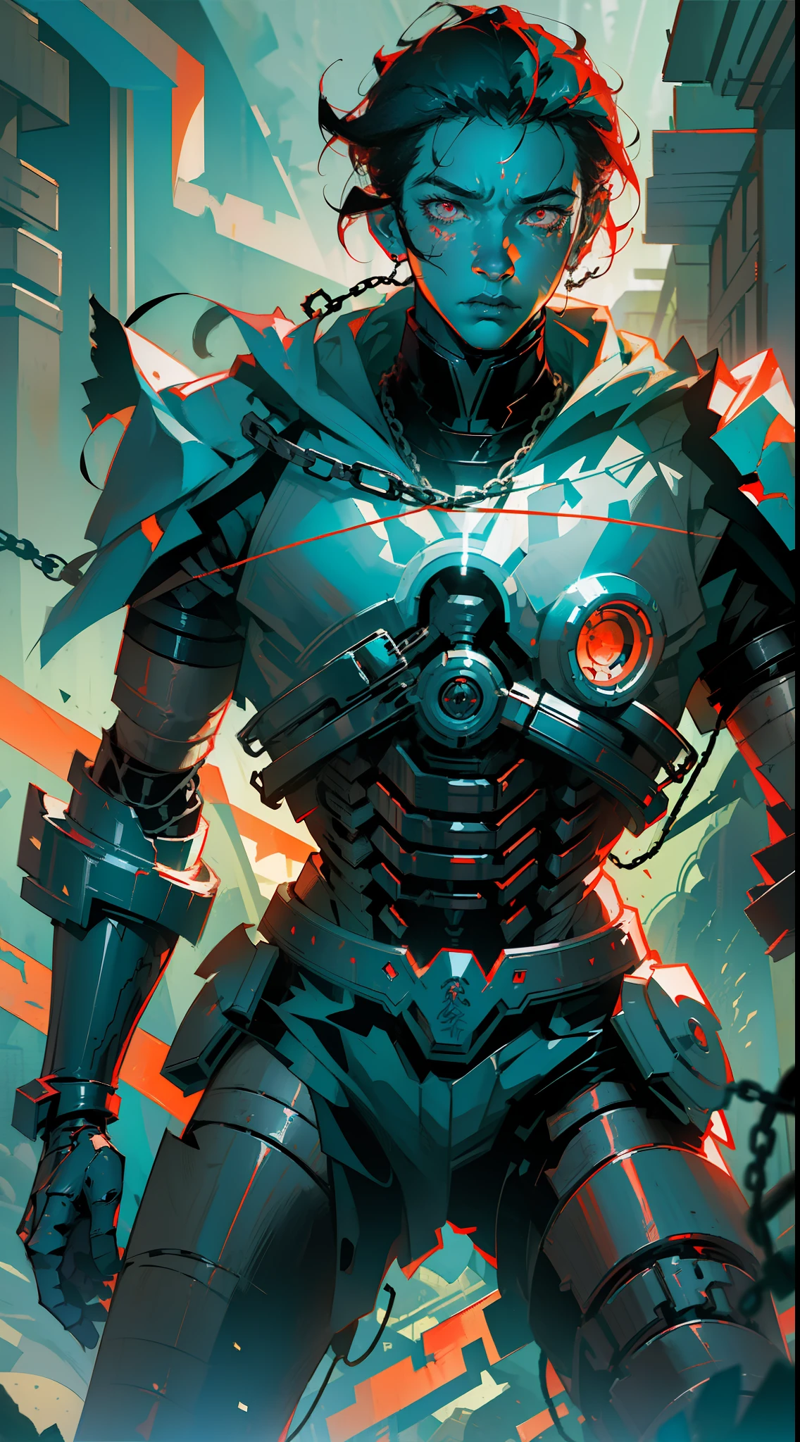 Dark_Fantasy,Cyberpunk,(chain saw,chain saw man,Red:1.1),1man,Mechanical marvel,Robotic presence,Cybernetic guardian, wearing a worn-out mech suit, intricate, (steel metal [rusty]), elegant, clear focus, shot by greg rutkowski, soft lighting, vibrant colors, masterpiece, ((street)), cowboy shot, dynamic pose,
