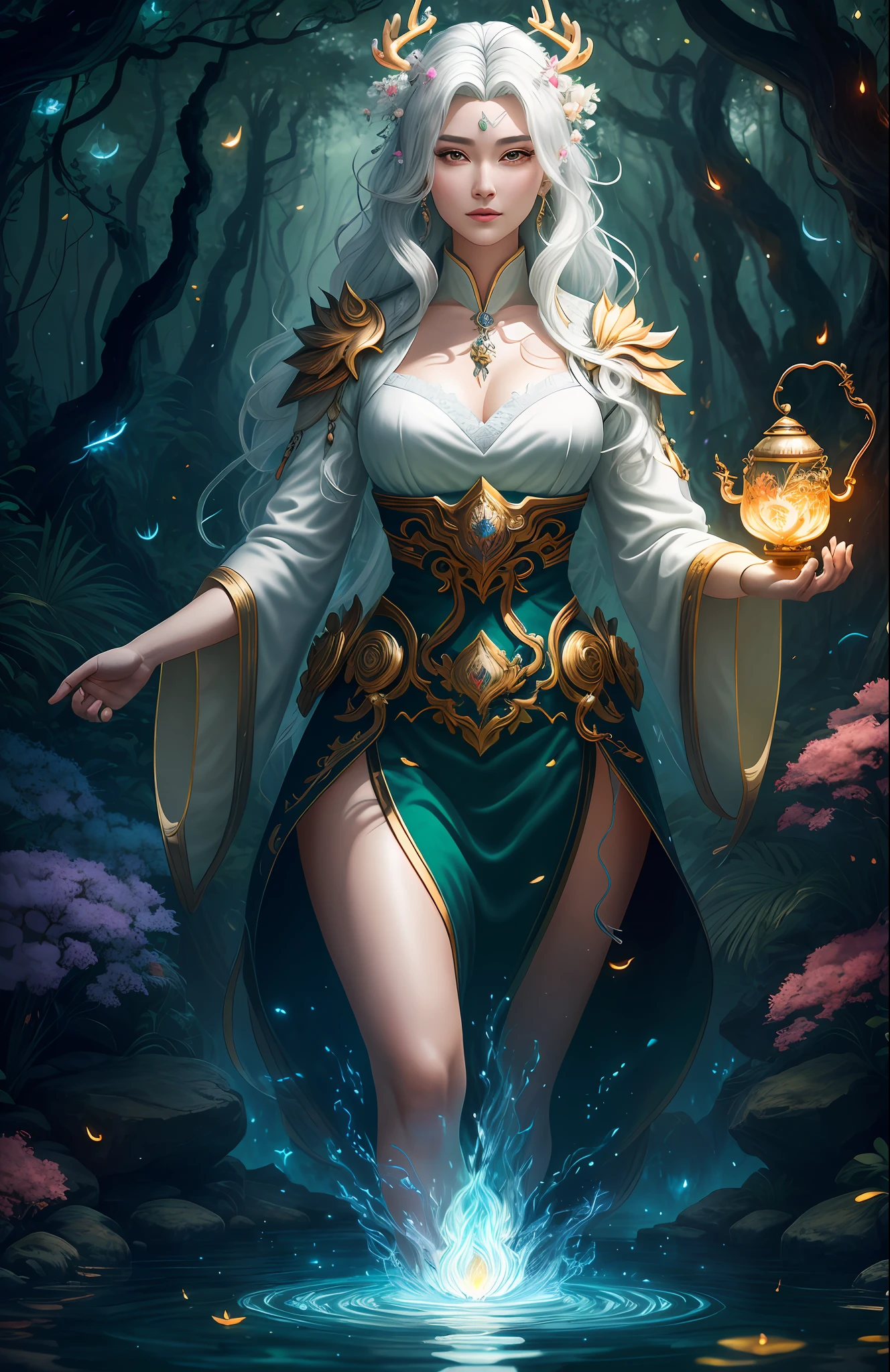 Masterpiece, best quality, (very detailed CG unified 8k wallpaper), (best quality), (best illustration), (best shadow), close-up of a woman with white hair and white mask, beautiful figure painting, Guvitz, Guvitz-style artwork, white-haired god, Yang J, epic exquisite character art, amazing character art, Fan Qi, Wu Jun Shifan, Guviz in pixiv art station, glowing elf, with a glowing deer, drinking water in the pool, Natural elements in forest theme. Mysterious forest, beautiful forest, nature, surrounded by flowers, delicate leaves and branches surrounded by fireflies (natural elements), (jungle theme), (leaves), (branches), (fireflies), (particle effects) and other 3D, Octane rendering, ray tracing, super detailed