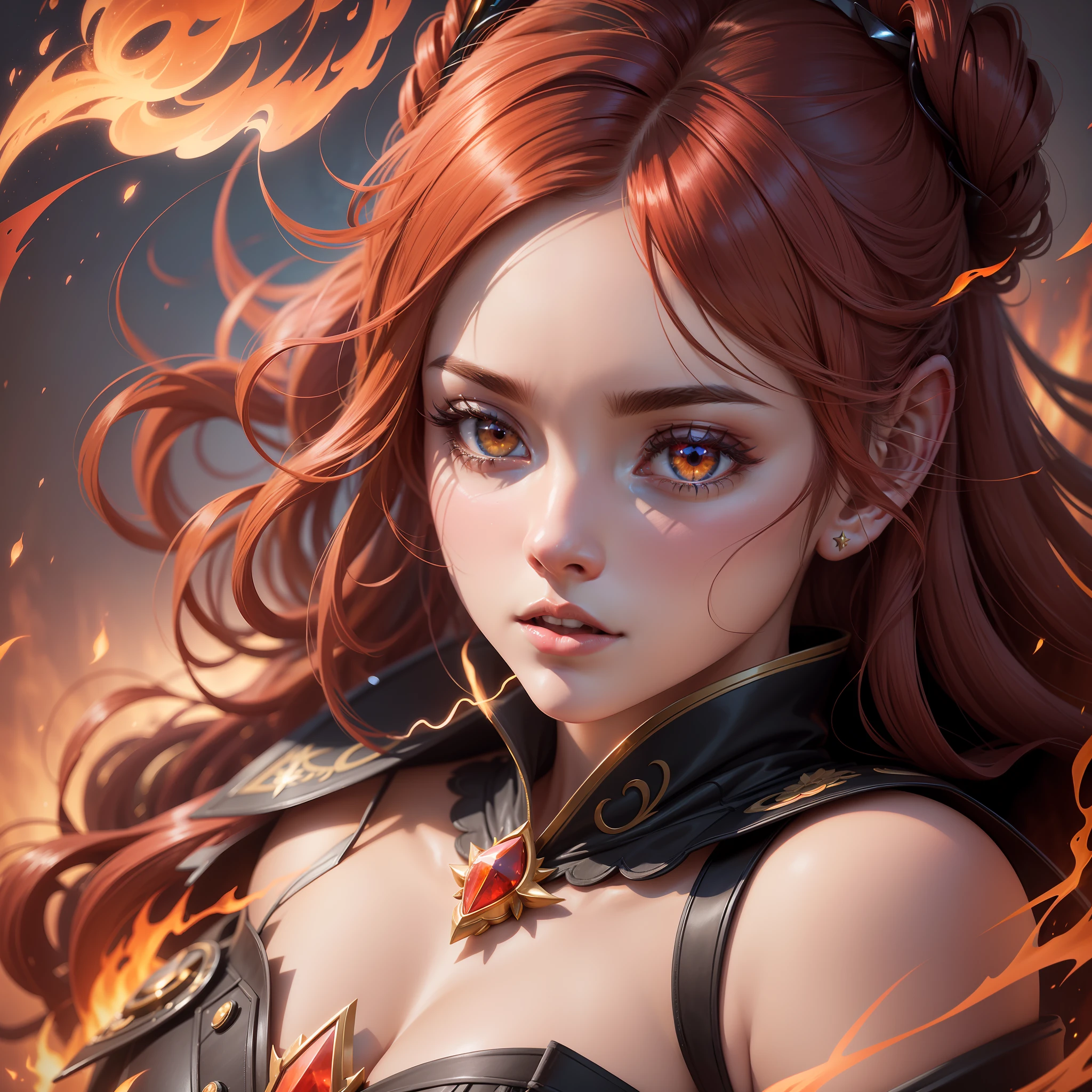 Generate a high-quality anime-style digital illustration depicting an elemental magician woman engulfed in red flames and yellow lightning. The scene should be extremely detailed, with golden tones and a sense of realistic depth of field. The lighting should be cinematic, with a soft backlight (backlighting: 1.2) that highlights the contours of the character. Add a subtle flowering effect (flowering: 1.2) that brings an ethereal appearance to the flames and lightning. Use bright light (1.1) to emphasize the magical elements. Add a slight chromatic aberration (chromatic aberration: 1.2) at the points of greatest intensity of the image to increase realism.

The magical woman should be portrayed with distinctive anime features, displaying striking facial details, expressive eyes, and an elaborate hair style. She should be dressed in a costume that matches the elemental theme, using shades of red and yellow to match the flames and lightning that surround her. The details of the costume should be sharp and well defined, featuring ornaments and textures that enhance its magical appearance.

The spatial background should be highly detailed, with bright stars and a sense of vastness. Soft, cinematic lighting should be applied, creating subtle shadows and accent areas to give depth to the scene. Add a soft blur effect to reinforce the sense of depth of field and highlight the main character. Apply a slight backlight (backlighting: 1.2) from space to highlight the silhouette of the magician.

The generated image must present exceptional resolution and sharpness, with a high level of detail in all elements. The contrast should be adjusted to highlight the vibrant colors of the fire and lightning. Make sure the lighting is meticulously rendered, creating precise shadows and reflections, to achieve a hyper-realistic effect.

Use the automatic mode (auto) to adjust the parameters of the ge