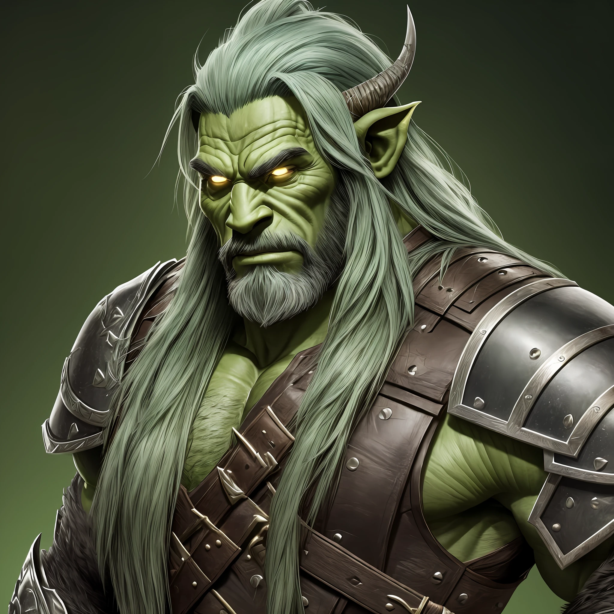 male orc, green skin, long hair, beard, muscular, wearing animal leather clothes, iron armor adorned with animal bones, 8k, ultra realistic --auto --s2
