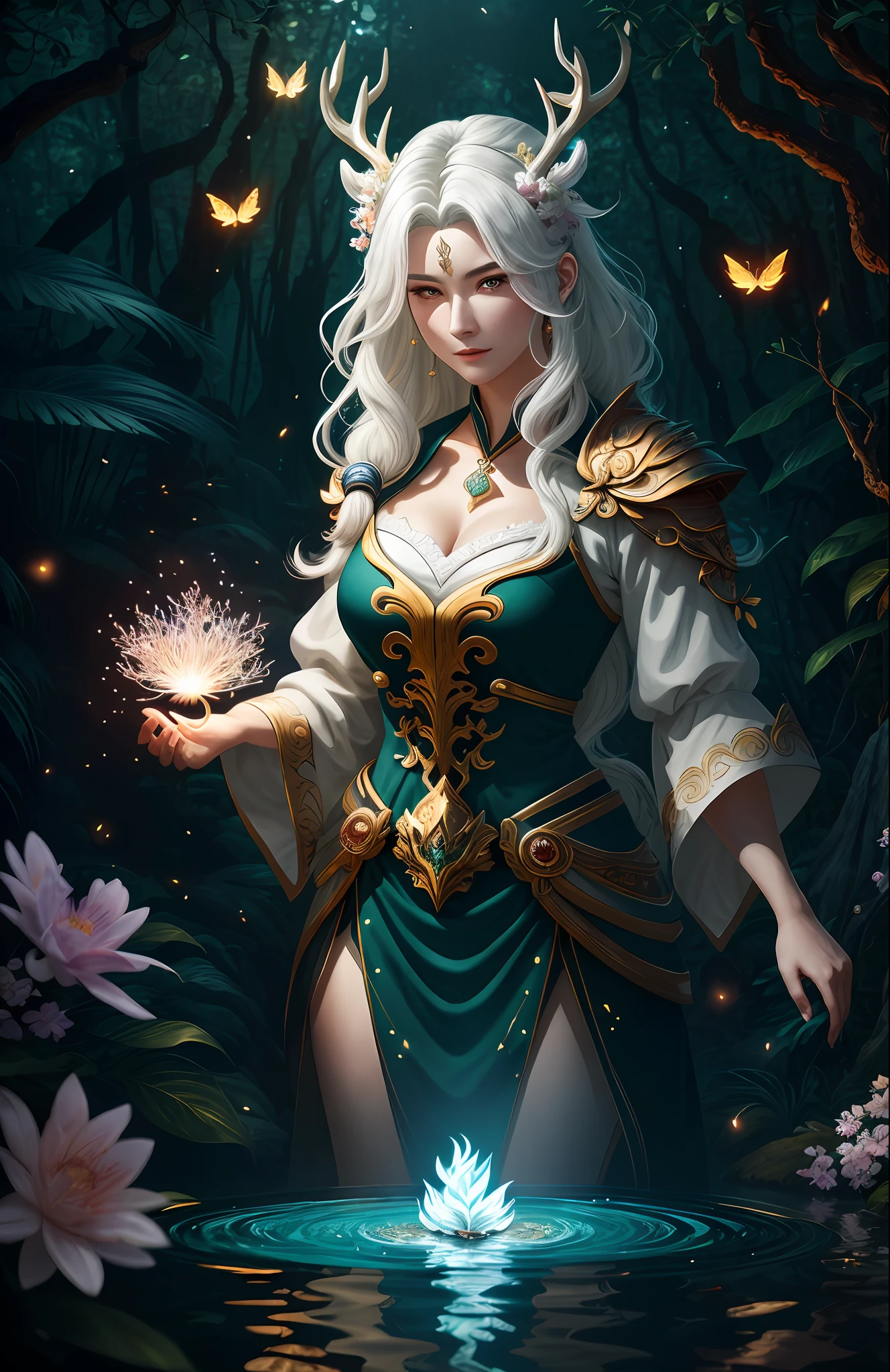 Masterpiece, best quality, (very detailed CG unified 8k wallpaper), (best quality), (best illustration), (best shadow), close-up of a woman with white hair and white mask, beautiful figure painting, Guvitz, Guvitz-style artwork, white-haired god, Yang J, epic exquisite character art, amazing character art, Fan Qi, Wu Jun Shifan, Guviz in pixiv art station, glowing elf, with a glowing deer, drinking water in the pool, Natural elements in forest theme. Mysterious forest, beautiful forest, nature, surrounded by flowers, delicate leaves and branches surrounded by fireflies (natural elements), (jungle theme), (leaves), (branches), (fireflies), (particle effects) and other 3D, Octane rendering, ray tracing, super detailed