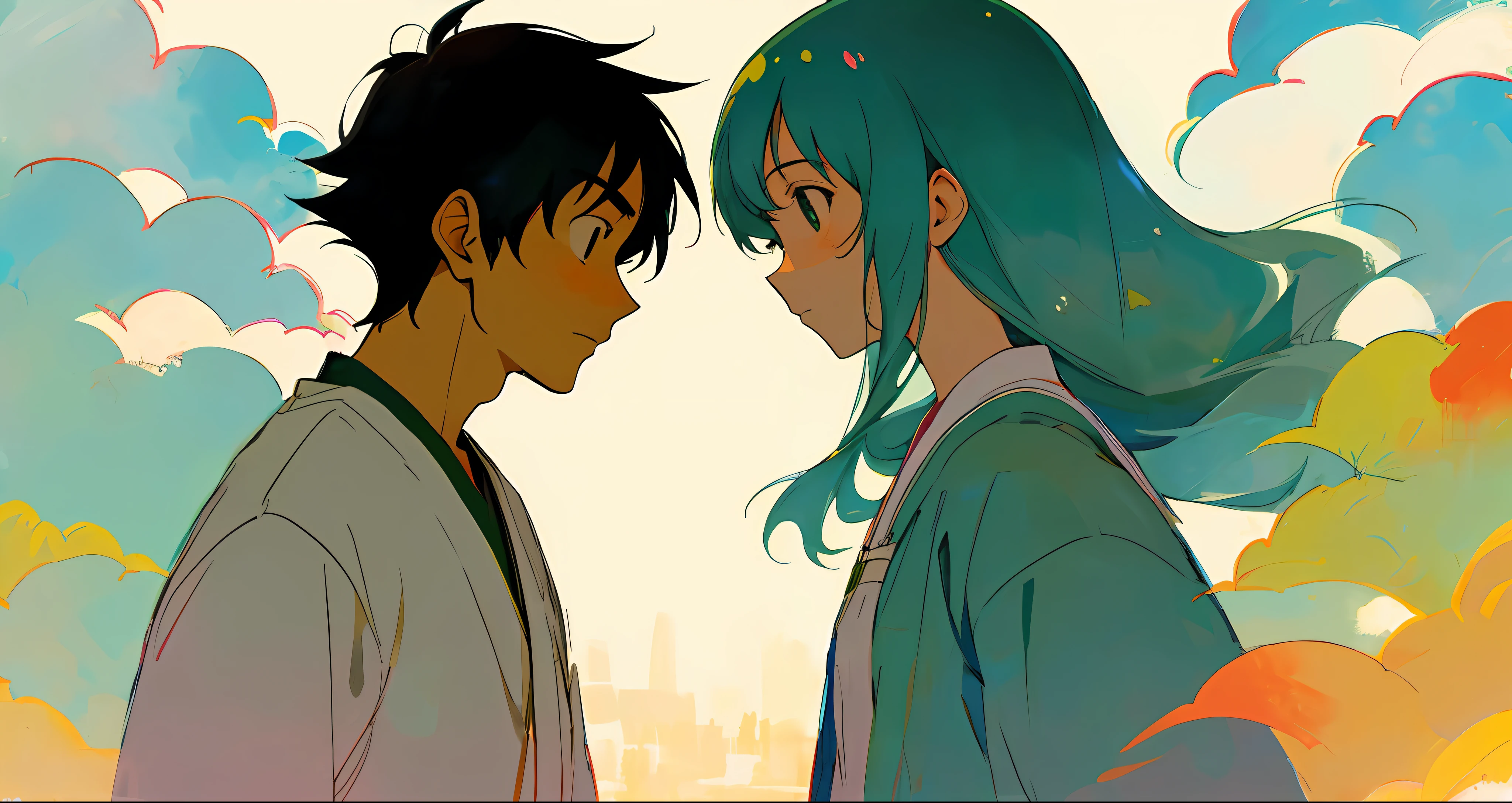 Miyazaki Hayao painting style A man and a female high school student look at each other face to face with a clean background
