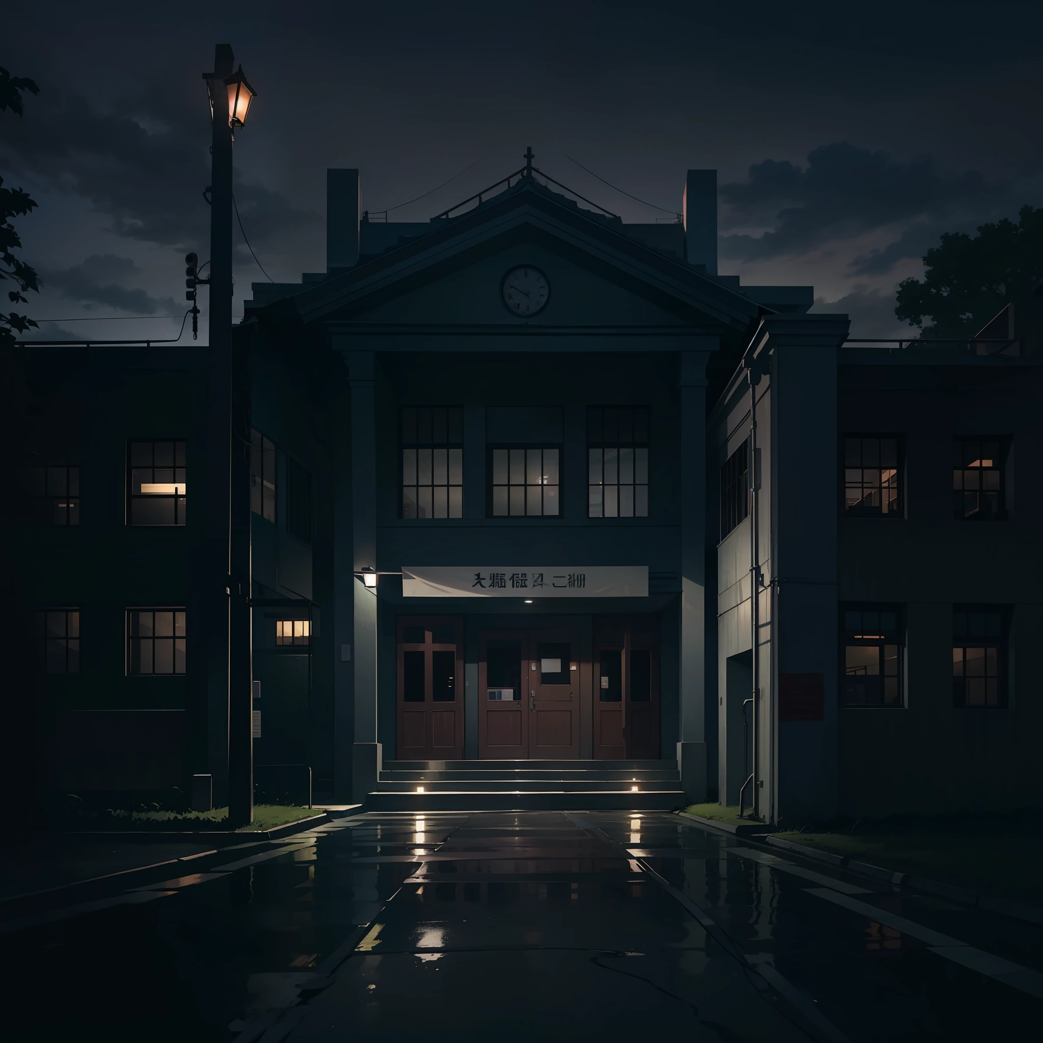 Gloomy school, dark night, outside, school entrance, school building