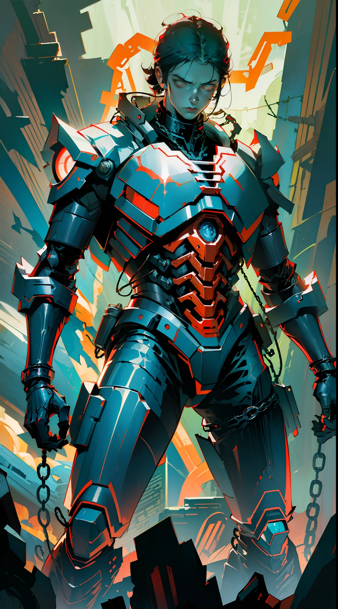 Dark_Fantasy,Cyberpunk,(chain saw,chain saw man,Red:1.1),1man,Mechanical marvel,Robotic presence,Cybernetic guardian, wearing a worn-out mech suit, intricate, (steel metal [rusty]), elegant, clear focus, shot by greg rutkowski, soft lighting, vibrant colors, masterpiece, ((street)), cowboy shot, dynamic pose,