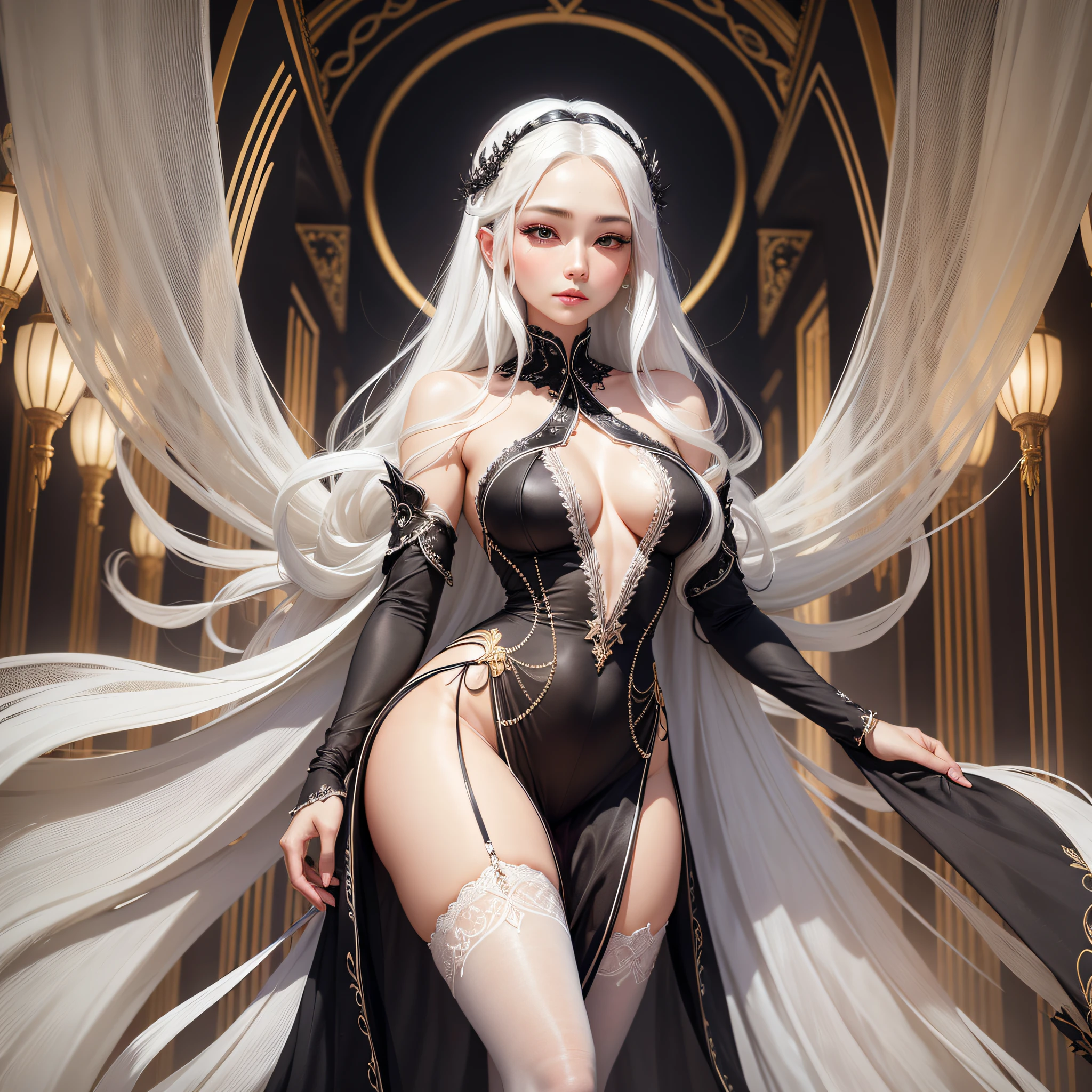 The beauty has long hair shawl, white hair draped over the shoulders, a few strands of embellishments on the delicate face, a black tight top to set off the delicate curves of the figure, and white silk delicate stockings to show the beautiful legs and slender legs. --auto --s2