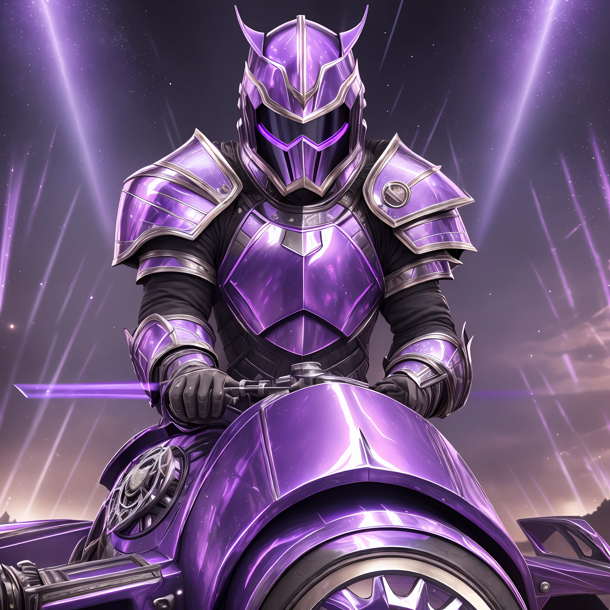 8k, photorealistic, highly detailed, (cinematic:1.3), knight in metallic purple and white sparkling armor, holding a Formula 1 steering wheel, blurry background, with purple lights and rays, in an apocalyptic world --auto --s2