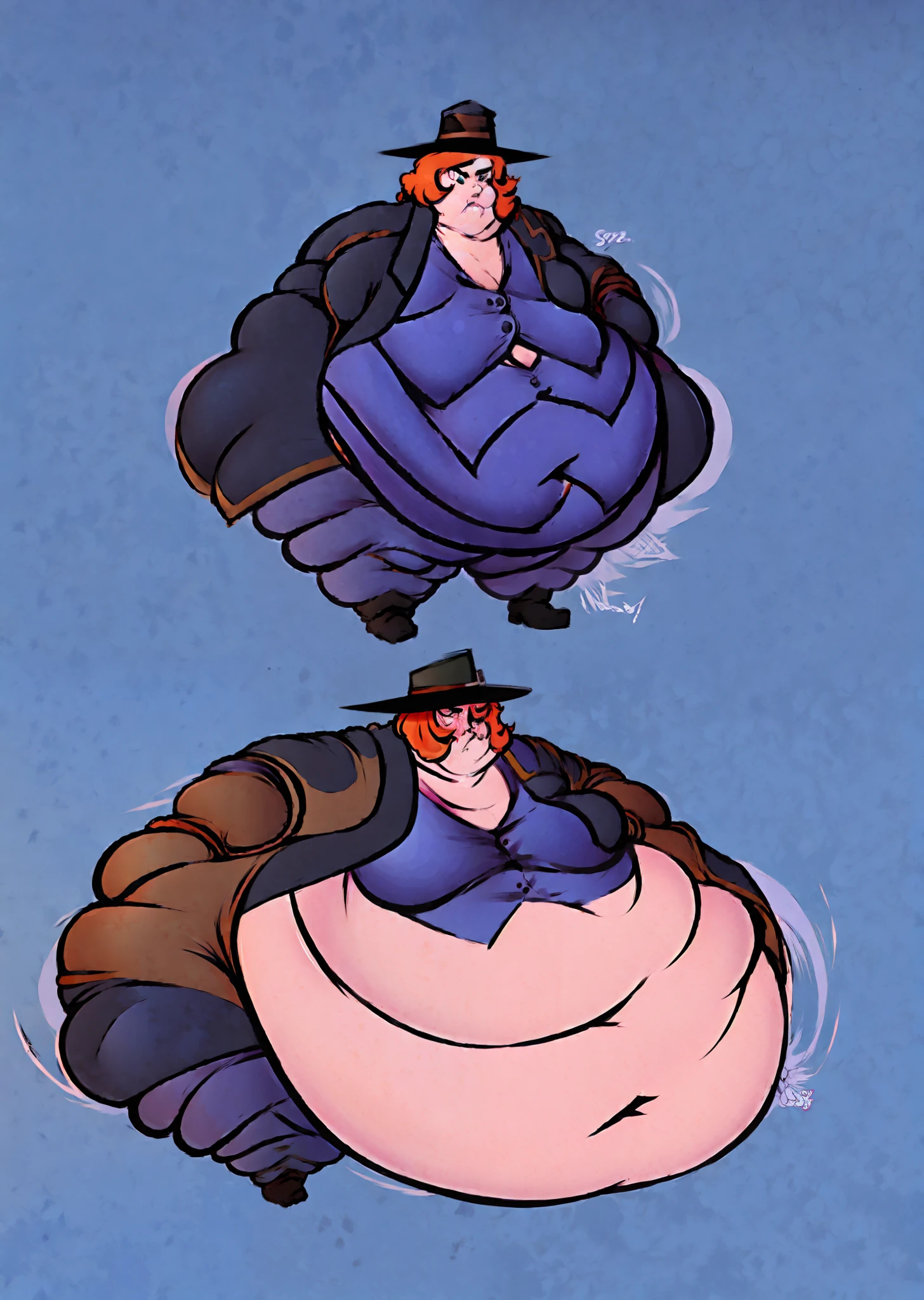 Anime styled picture of a fat young man on backgroun((Yokohama)) proportionally enormous arms, thicc, most strongest pose, enormous hands, fat bacchanalian body, he has a jiggly fat round belly, big arms, obese ), fat!!, pose(hands on hips ), expression(Grumpy, frowning, sassy), looking towards viewer,(anime),male,(Handsome), (orange medium length hair!!),Round fat Face, multiple chins , Fat Cheeks, Clothes((Grey vest,white shirt, black jacket oves the shoulder, Black fedora)), ((Massive Fat Belly Down to calves)), (massive Fat thighs, insanely Wide hips ,massive butt)), super Fat ,((high quality, Masterpiece++)), , Massive proportions, ((Clothes Tearing )), Legs Spread out, Fat Calves, Massive Cracks in the ground, (((Detailed face and eyes:1.4)))